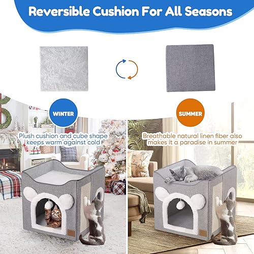 Miniatura 2 de CATISM Camas plegables para gatos de interior, casa grande para gatos con almohadilla para raspar y bola esponjosa para colgar, escondite de dos