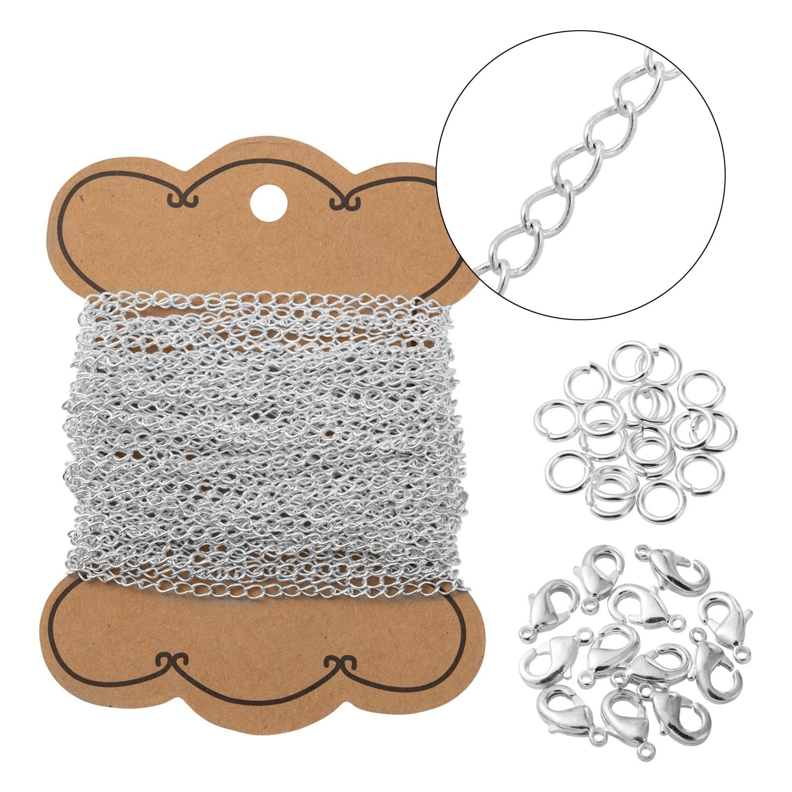 PandaHall 10 Meters Brass Twisted Chains Silver Curb Chain Links 4x3x0.45mm Necklace Chains Bulk with 30pcs Lobster Claw Clasps & 100pcs Jump Rings for Jewelry Making — image 1