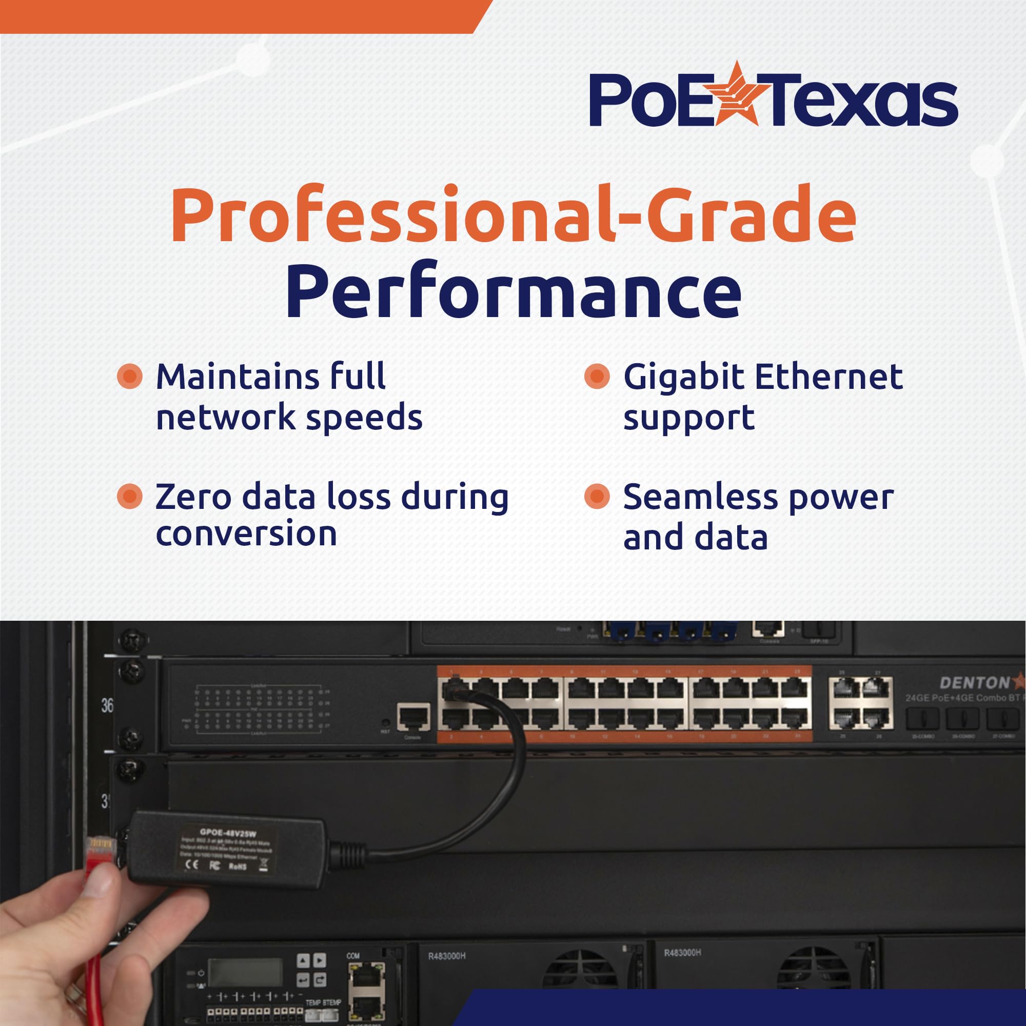 PoE Texas Convertisseur PoE actif à passif 48 V, Gigabit 25 W