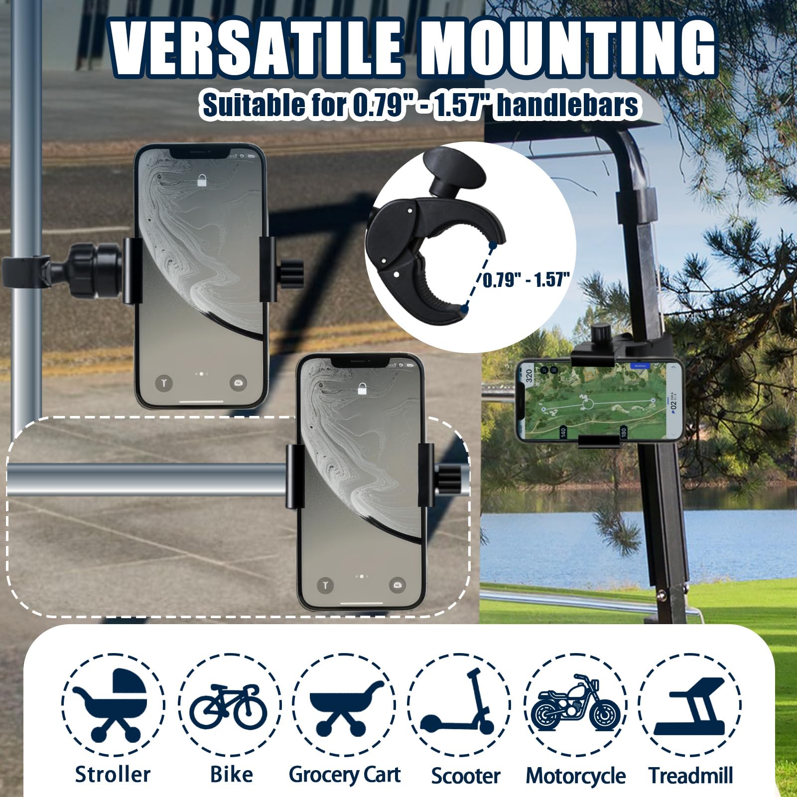 ONEDONE Universelle Handyhalterung für Kinderwagen, Golfwagen, Fahrrad, Einkaufswagen, Roller, Handyhalterung, horizontale und vertikale Verwendung, Handyklemme, Handy-Clip