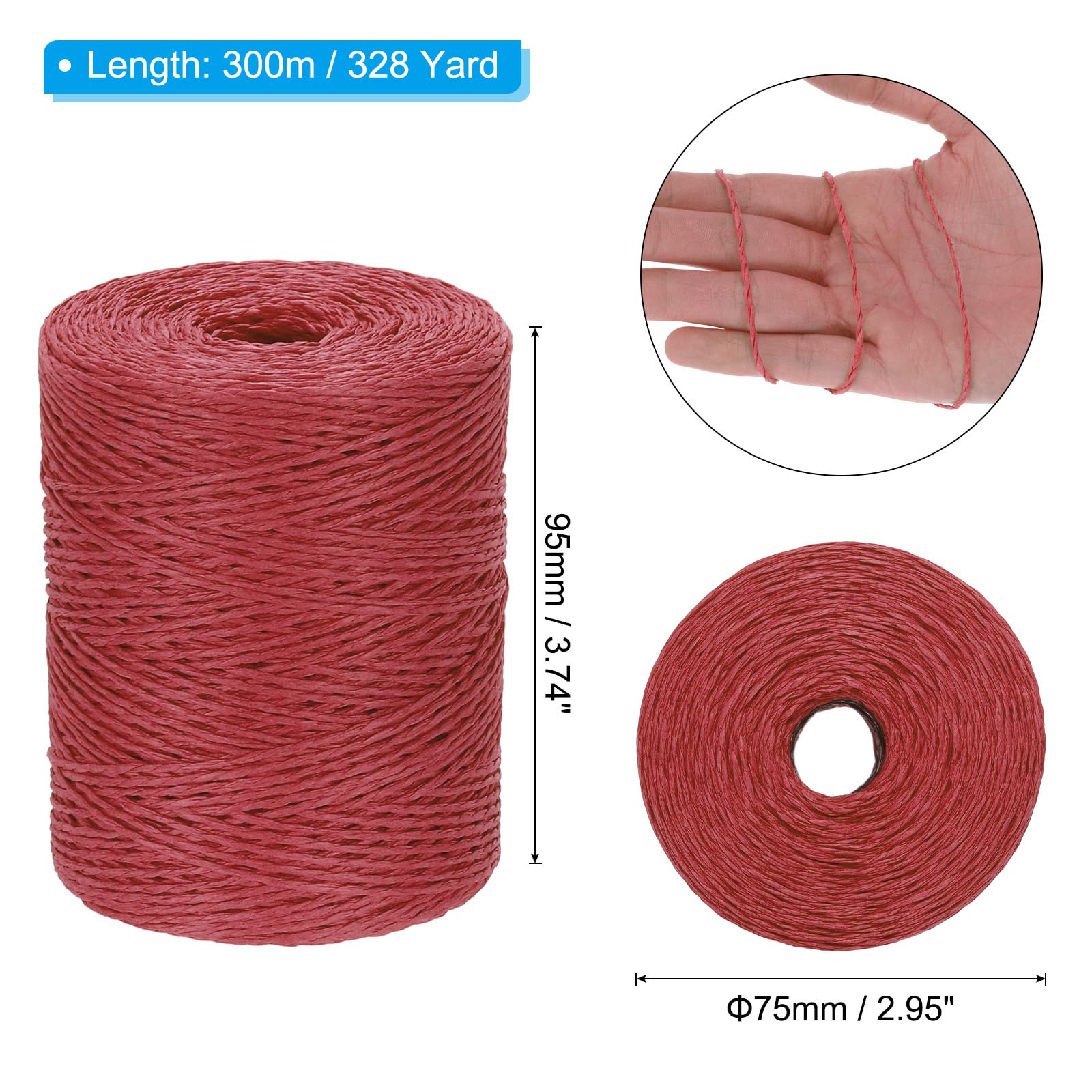 PATIKIL Hilo de Rafia de Algodón Natural 328 Yardas, Cinta de Papel de Rafia para Ganchillo para Sombrero de Sol DIY Bolso de Playa Envoltura de Hilo de Ganchillo Tejer, Rojo