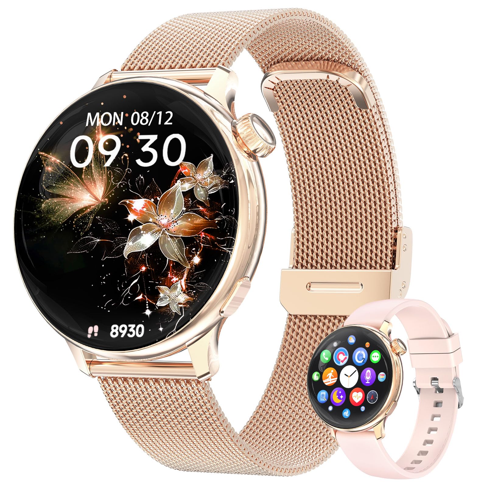 Reloj Inteligente Mujer Redondo, 1.27" Smartwatch con Llamadas, Función Femenina, Seguimiento de Ritmo Cardíaco 24H, SpO2, Análisis de Sueño, IP68, 120+ Modos Deportivos para Android iOS, Dorado