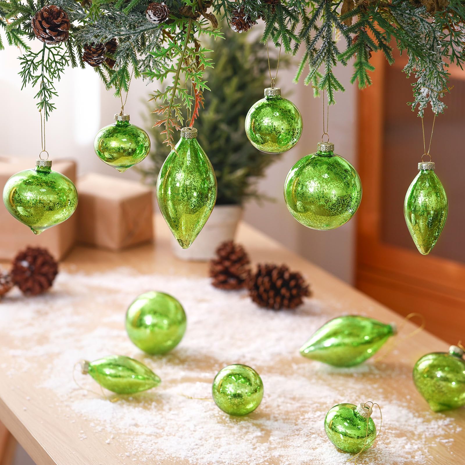 Soulchen Lot de 12 boules de Noël en verre mercure à paillettes vert clair - Décorations de sapin de Noël à suspendre pour arbres, fêtes, mariages