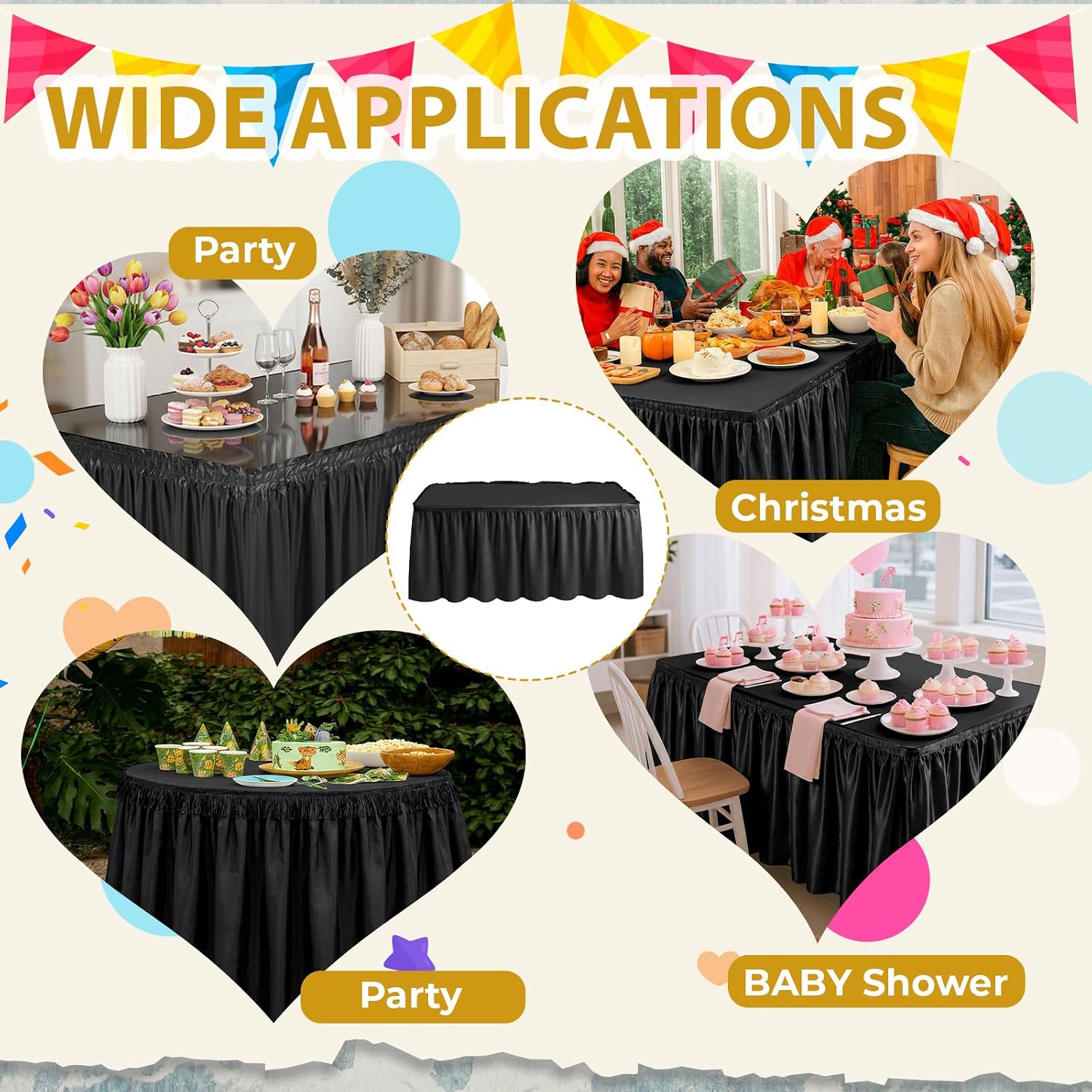 8Pcs Black DisposableTable Skirts and Plastic Table Cloths,29 in x 14 ft Disposable Plastic Table Skirt, 54 x 108in Black Disposable Tablecloth for Wedding/Baby Shower/Valentine/Party