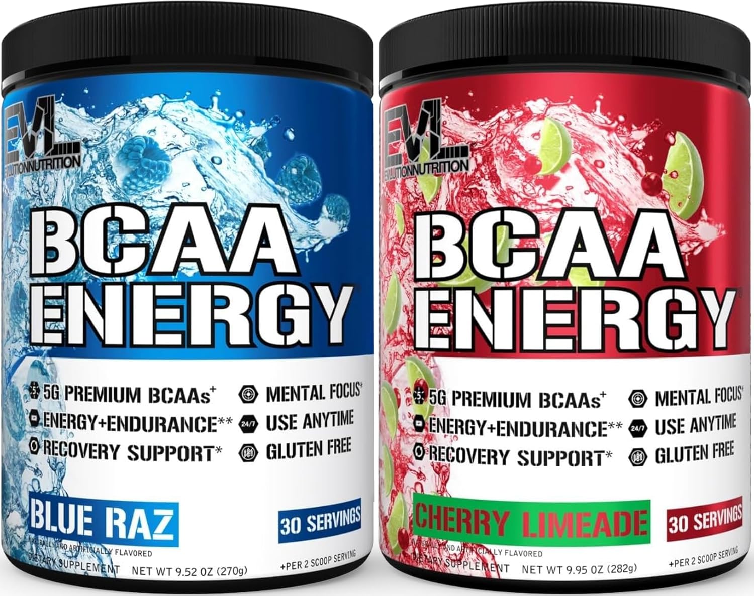 Evlution Replenishing BCAAs Amino Acids Powder for Pre & Post Workout (Blue Raz and Cherry Lime, 30 Servings Each)