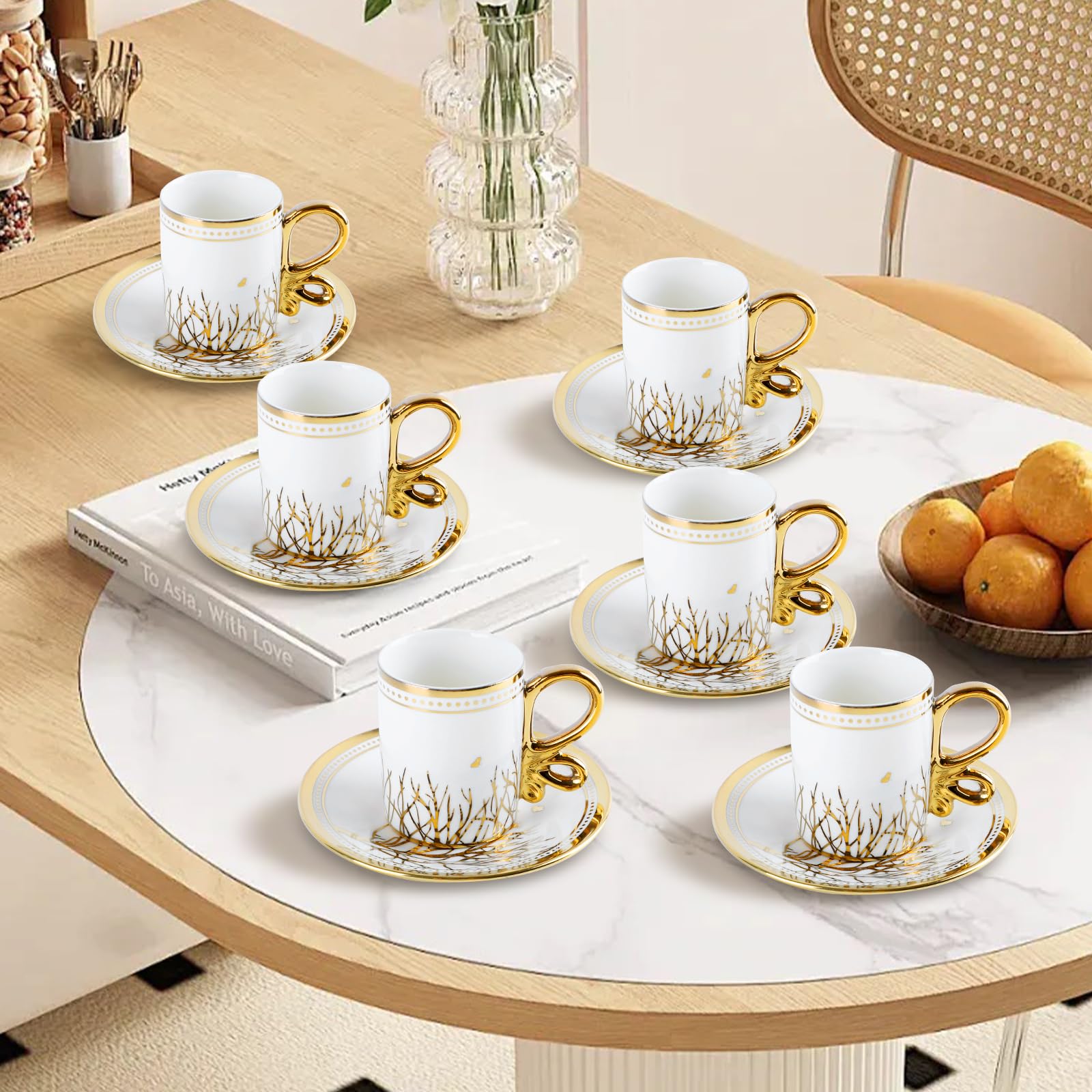 Türkische Kaffeetassen Set,12-teiliges Karaca Kaffeetassen Set, 6 Espressotassen und 6 Untertassen, Karaca Kahve Fincan Seti, Kaffeeservice, Porzellan Tassen, Mokkatassen(Weißgold)