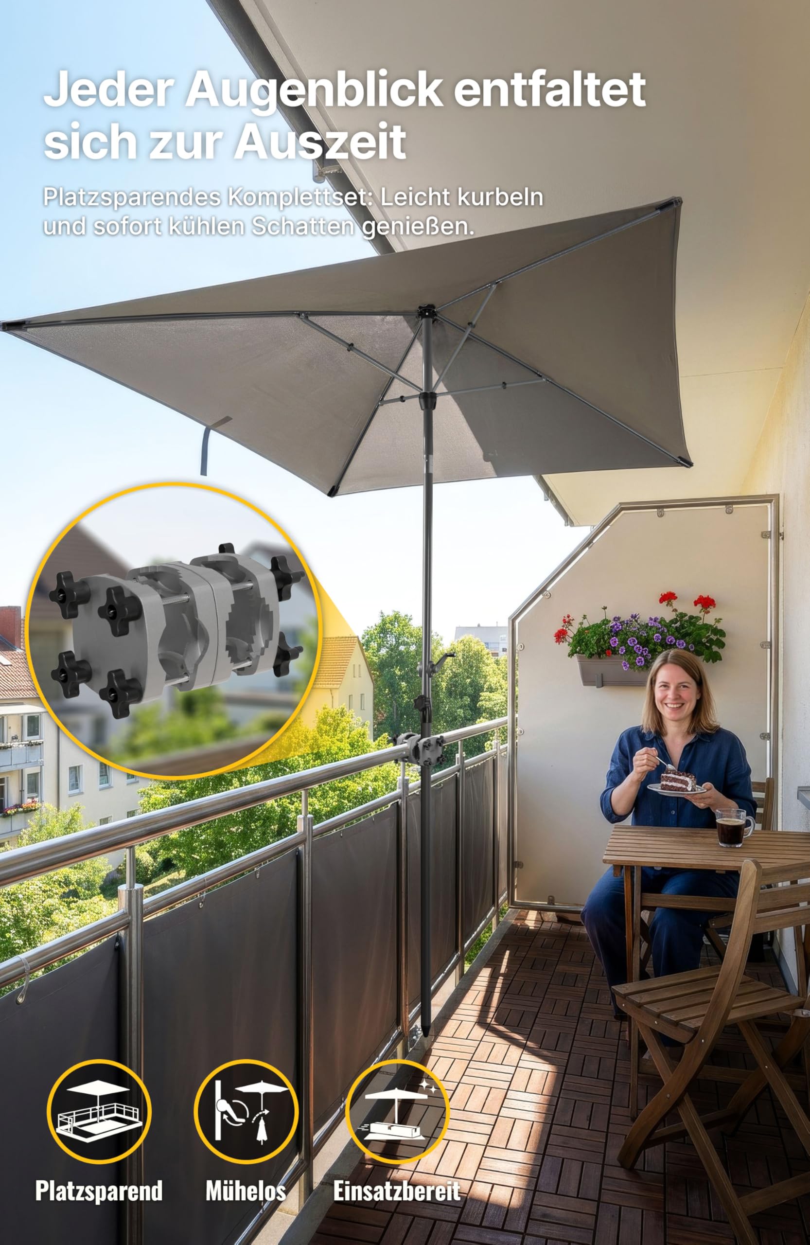 Menz Sonnenschirm Balkon mit Halterung im 3-er-Set, mit Kurbel, UV 50+, 200x125 cm, Anthrazit, Sonnenschutz Balkon, Sonnenschirm rechteckig, Balkonschirm mit Sonnenschirmhalter für Balkongeländer