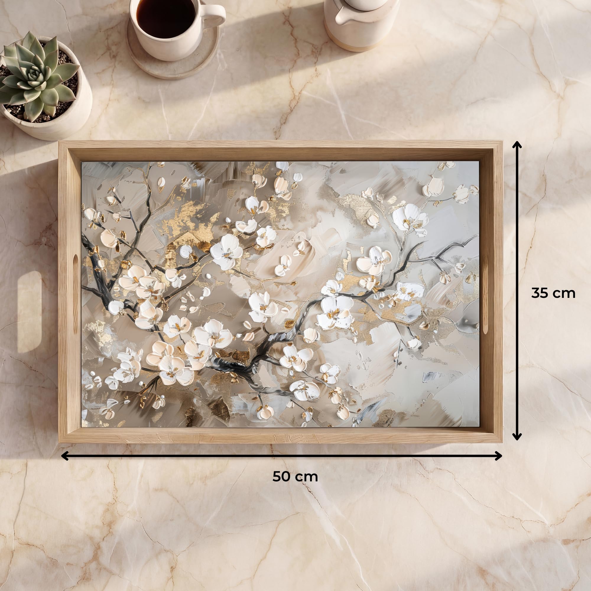 Serviertablett Rechteckig 50x35 cm Servierplatte Eiche Holz Tablett Mit Henkel Tray Kratzfest Kaffeetablett Tabletts Teetablett Blumen - Weiß - Gold - Beige - Luxus