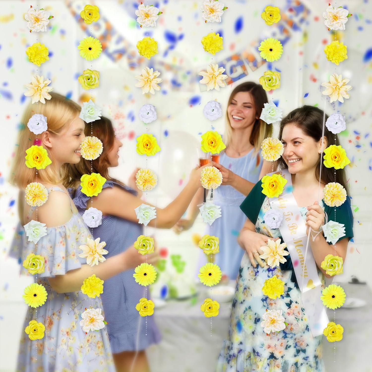 6PCS 48ft Artificial Flower Garland with Pearl Chain. Large Silk Floral Hanging Vines for Wall, Door, Lights Decoration. Wedding, Birthday Party Backdrop Decor. Flower Hanging Garland Included (white)