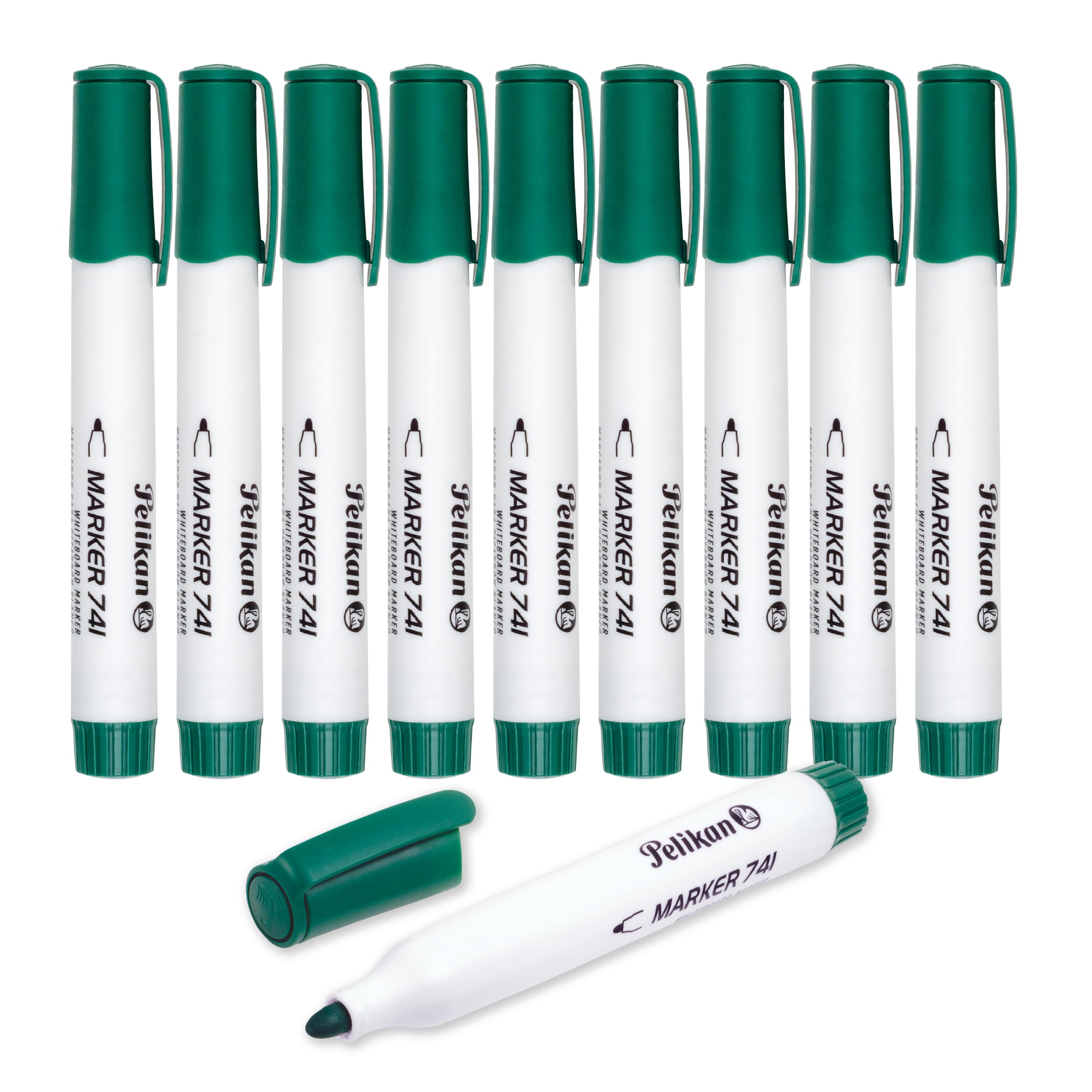 Pelikan Whiteboard Marker Pens 741, Green, 2 mm Bullet Tip, Refillable Dry Erase Markers with Cap-Off Ink, Pack of 10