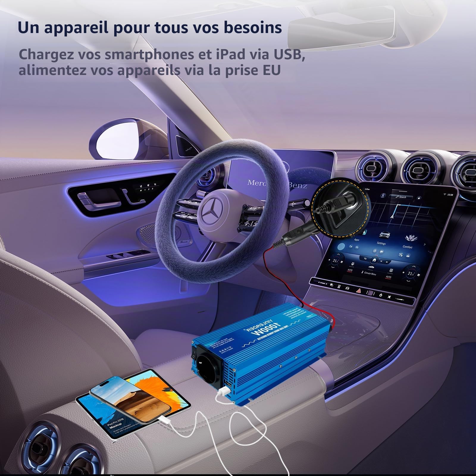 Yinleader Convertisseur 1000W 12V 230V Onduleur Pur Sinus 12V 220V Convertisseur de Tension Power Inverter 2 Ports USB Prises AC pour Voiture Camping