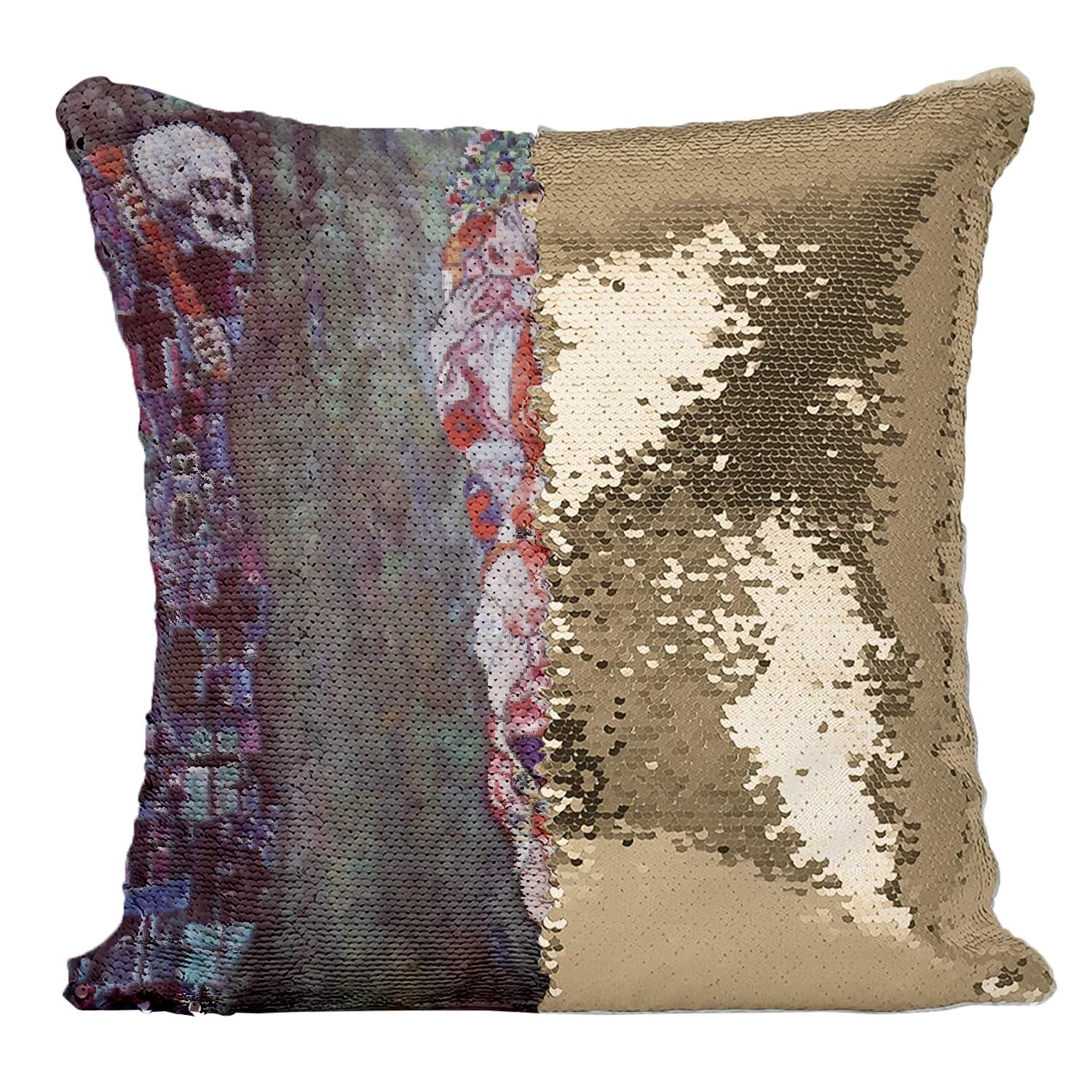 Coussin paillettes Gustave Klimt avec housse à sequins magiques tactiles dorés