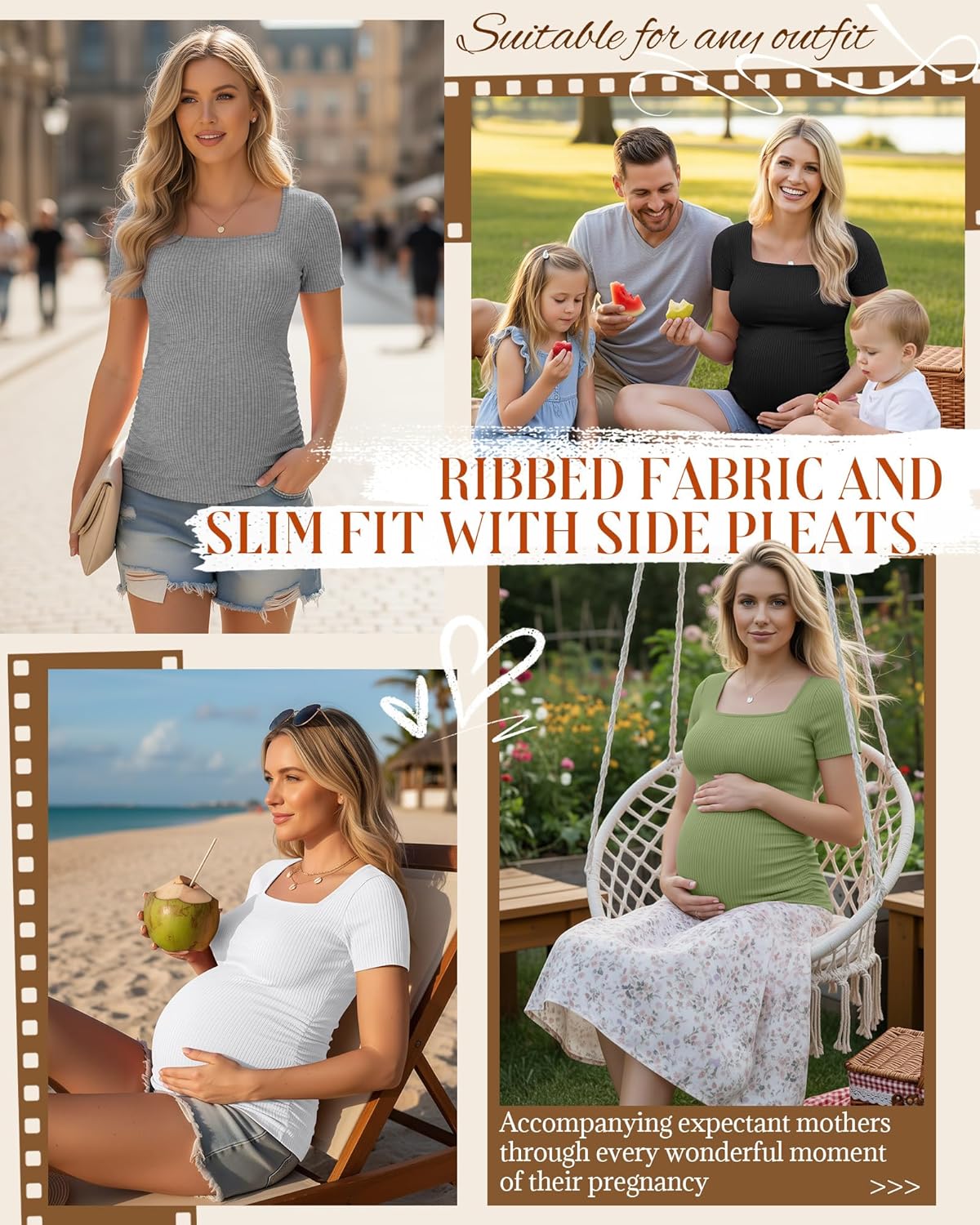 Huukeay 4 Pack Women's Maternity Shirts Cotton Ribbed Short Sleeve Square Neck Pregnancy Tops Side Ruched Summer Tee - Image 3