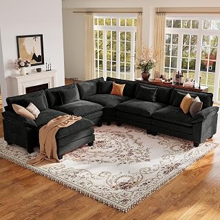 CDCASA 117" Oversized Modular Sectional Sofa with Corner, Comfy V-Shaped Cloud Couch w/Ottoman, 6-Seater Chenille Deep Seat Modern Sofa Couch for Living Room, DIY Combination, Black - Amazon product rated Grade A