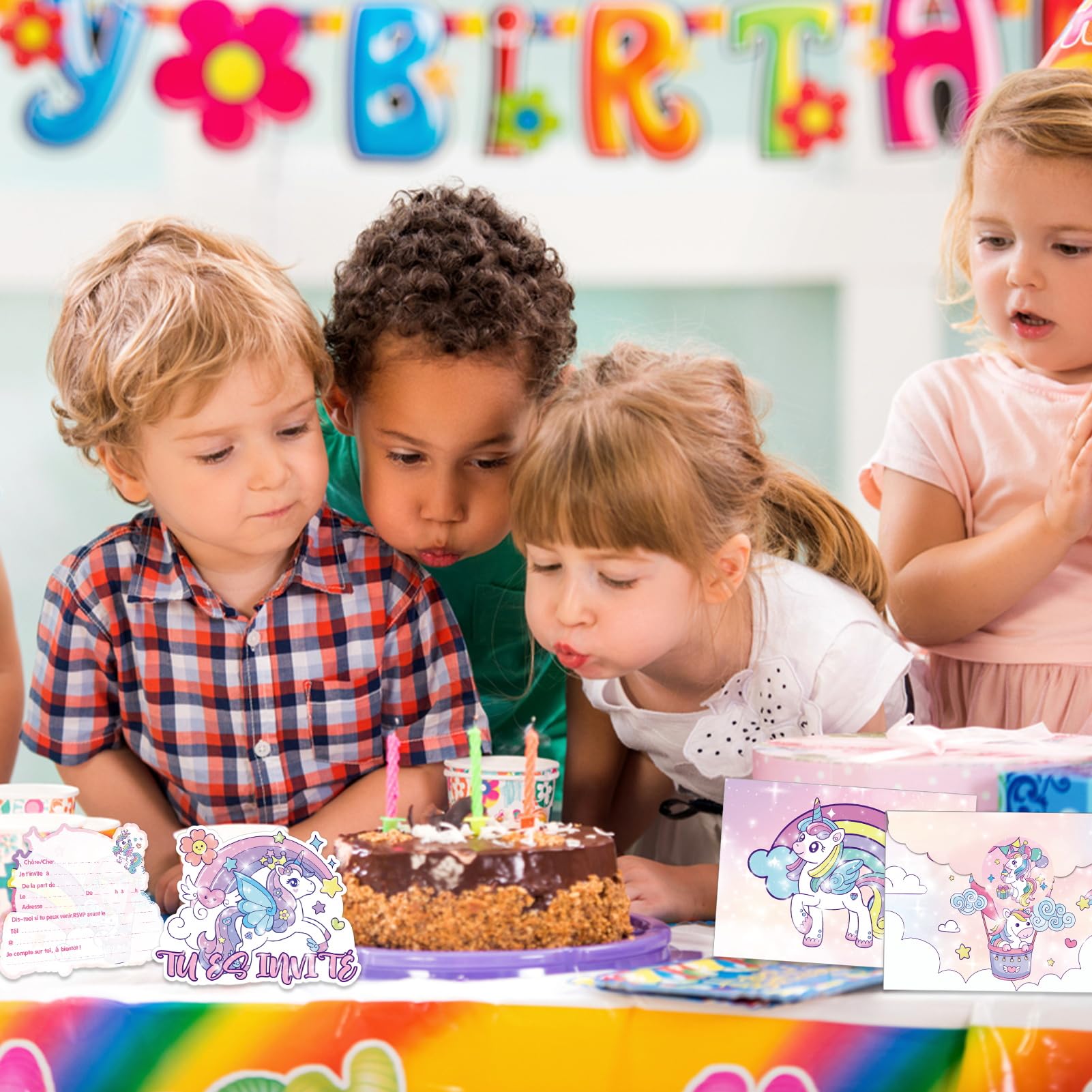 12 Cartes Invitation Anniversaire Fille Arc-en-Ciel Avec Enveloppes