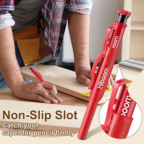 Miniatura 2 de Hiboom Paquete de 2 lápices de carpintero sólidos con tapa de lápiz y 18 repuestos, marcador mecánico de punta larga con agujero profundo