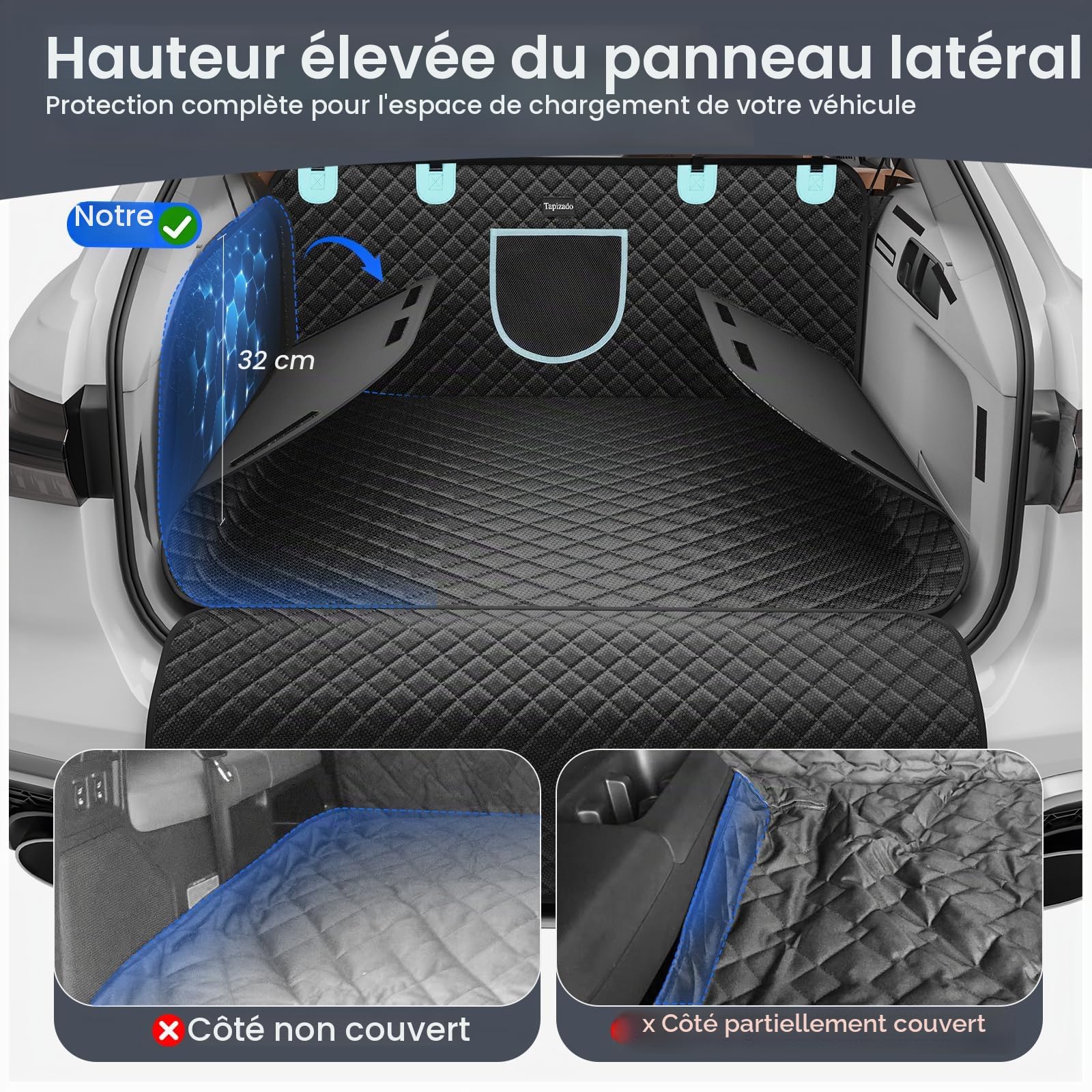 Doublure de coffre pour chiens avec panneaux latéraux plus hauts, housse de coffre imperméable avec tissu Oxford anti-rayures pour chien, avec protection à rabat pare-chocs, antidérapant,