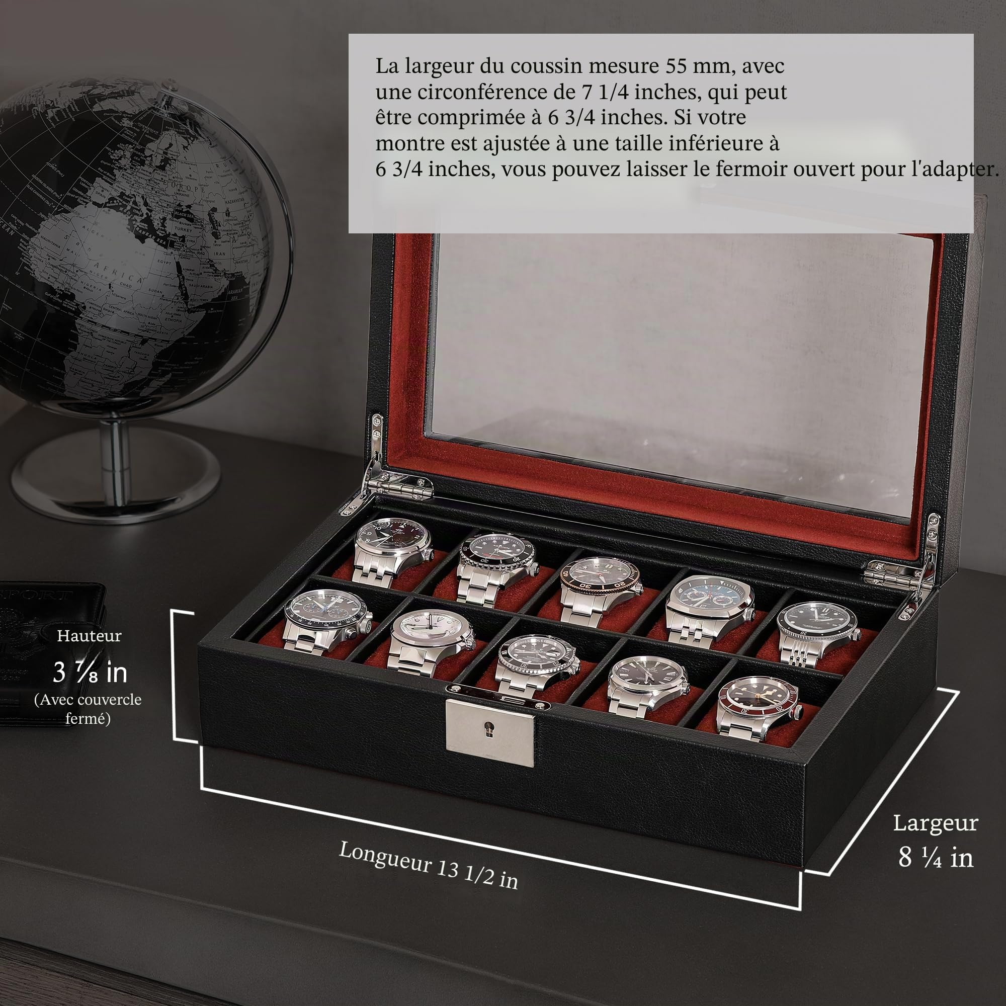 ROTHWELL Boîte à montres en cuir à 10 emplacements – Ecrins pour montres de luxe avec doublure en microsuède ultra douce, support verrouillable avec grand plateau en verre (Noir/Rouge)
