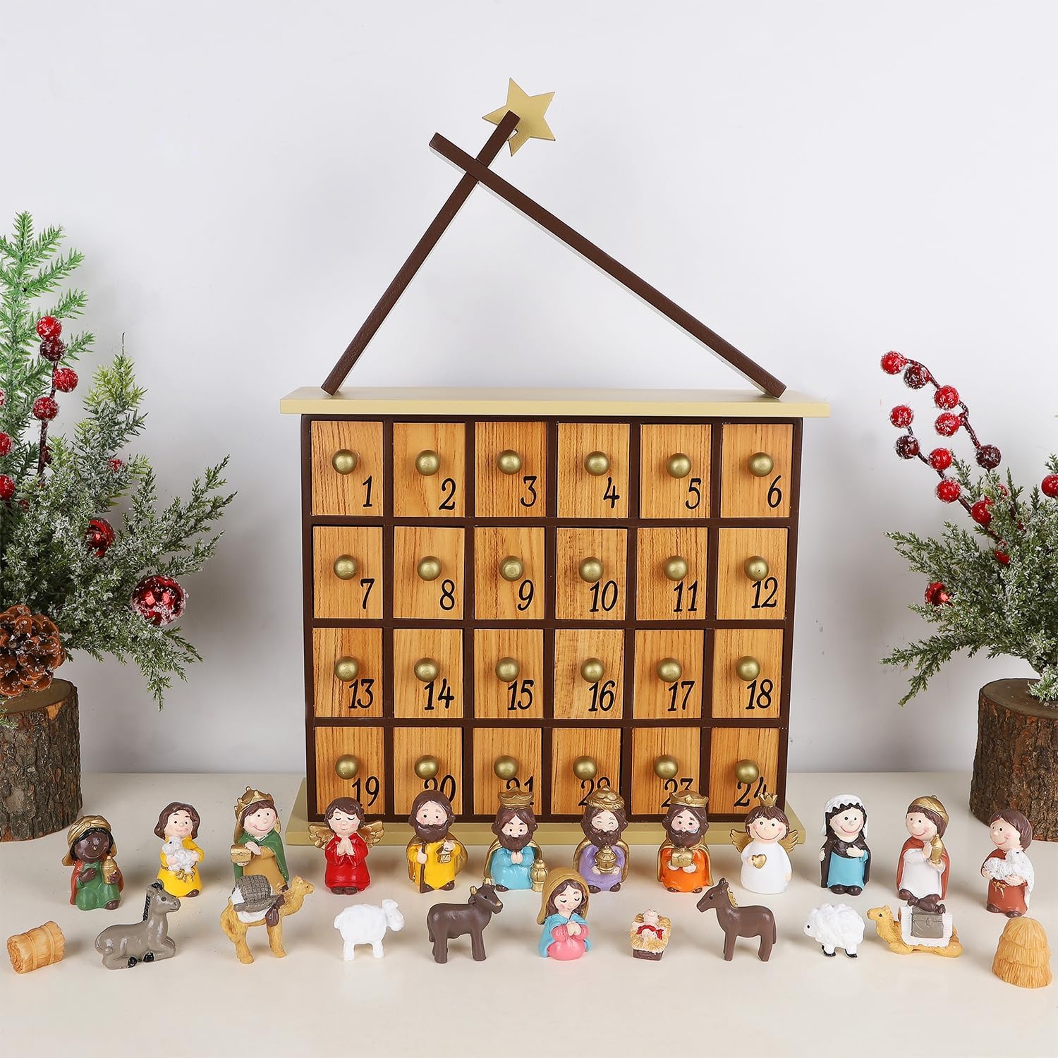 Juegoal Nativity Advent Calendar, Countdown to Christmas Advent Calendar with 24 Pieces Figures & 24 Drawers, Christian Religious Stocking Stuffers Presents Party Favors Gifts for All Ages Boys Girls