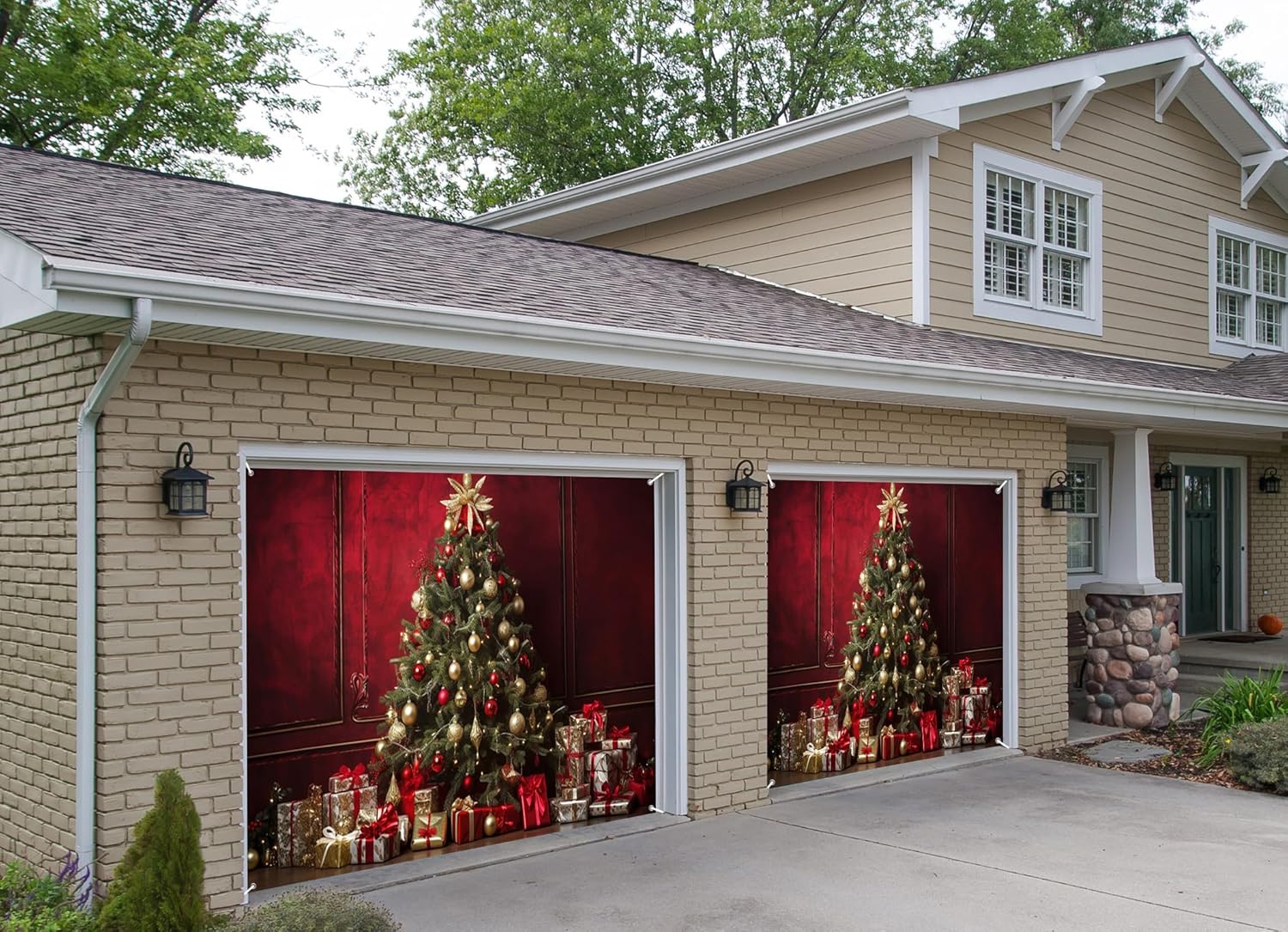 7x8ft Christmas Tree Garage Door Decor Retro Red Wall Golden Sphere Ornaments Festive Presents Gifts Festivals Garage Door Cover for Family Holiday Photo Shoot Studio Props