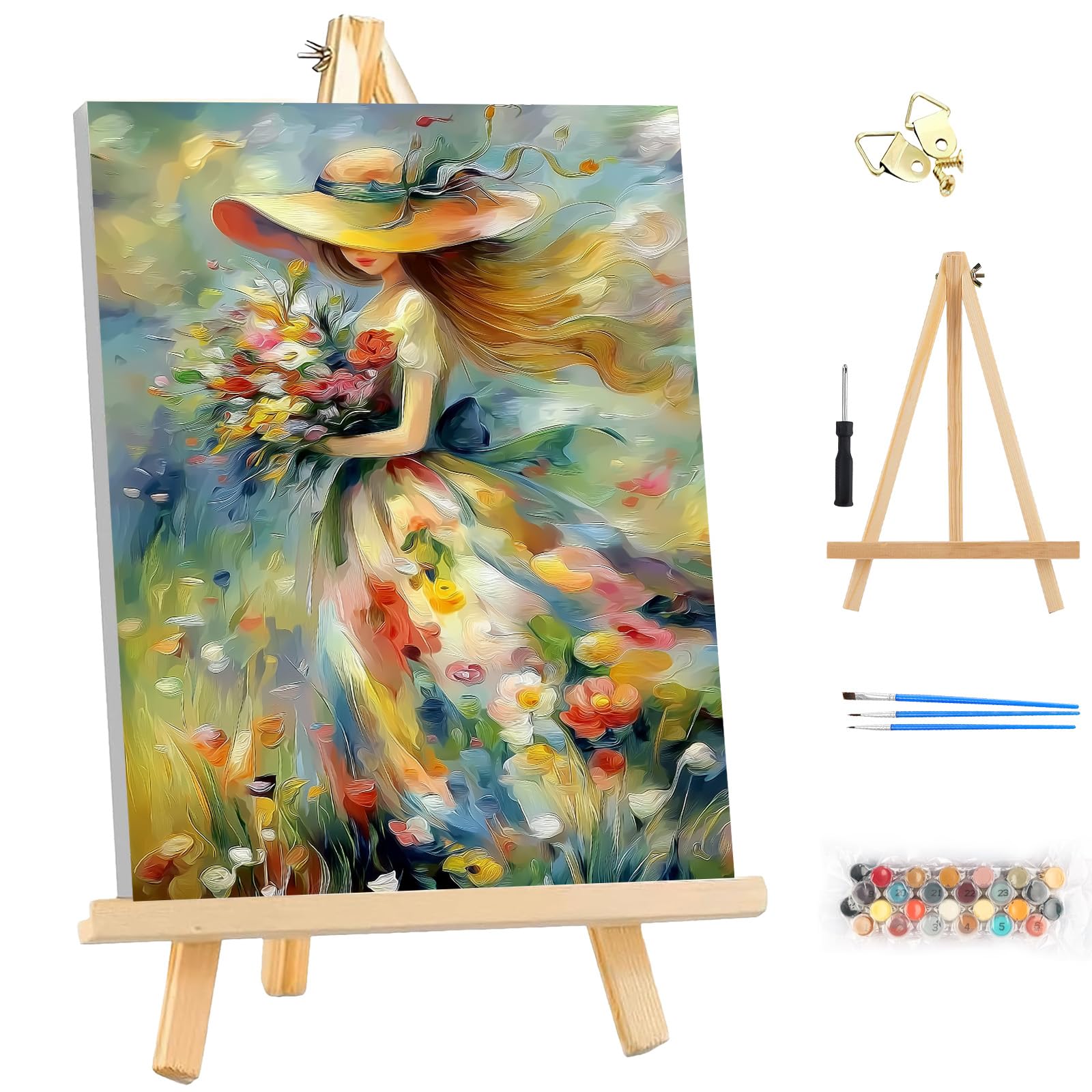 MEIYUDA Paint by Numbers Kits for Adult with Frame Woman Flowers, DIY Canvas Oil Painting Kit for Adult or Beginner, Arts and Crafts Kit for Home Wall Decor 25x35cm