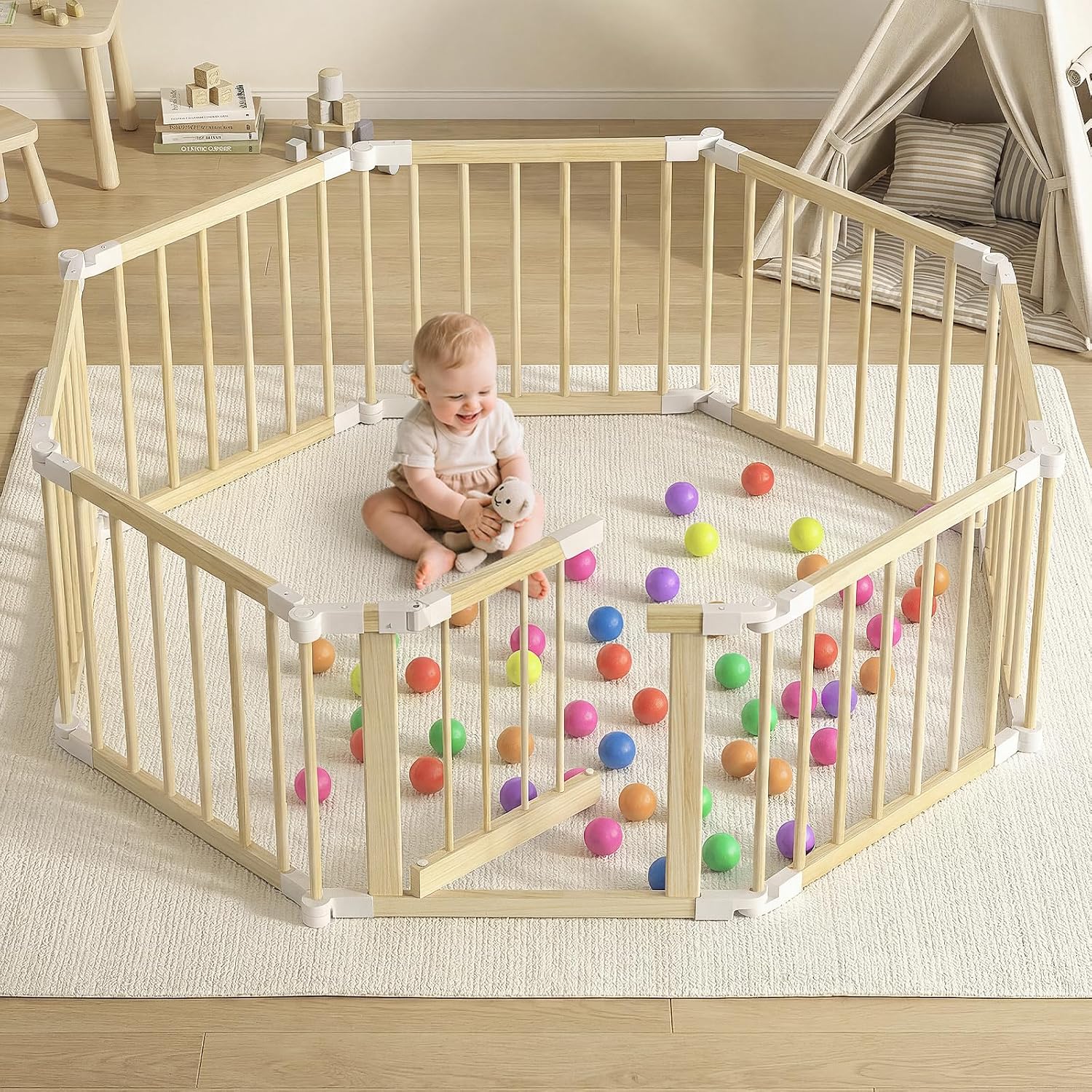 47x47 Wooden Baby Playpen Foldable - Pre-Assembled Portable Wood Play Yard with Safety Gate & Anti-Slip Pads - Small Space Saving Baby Fence Activity Center for Infants & Toddlers