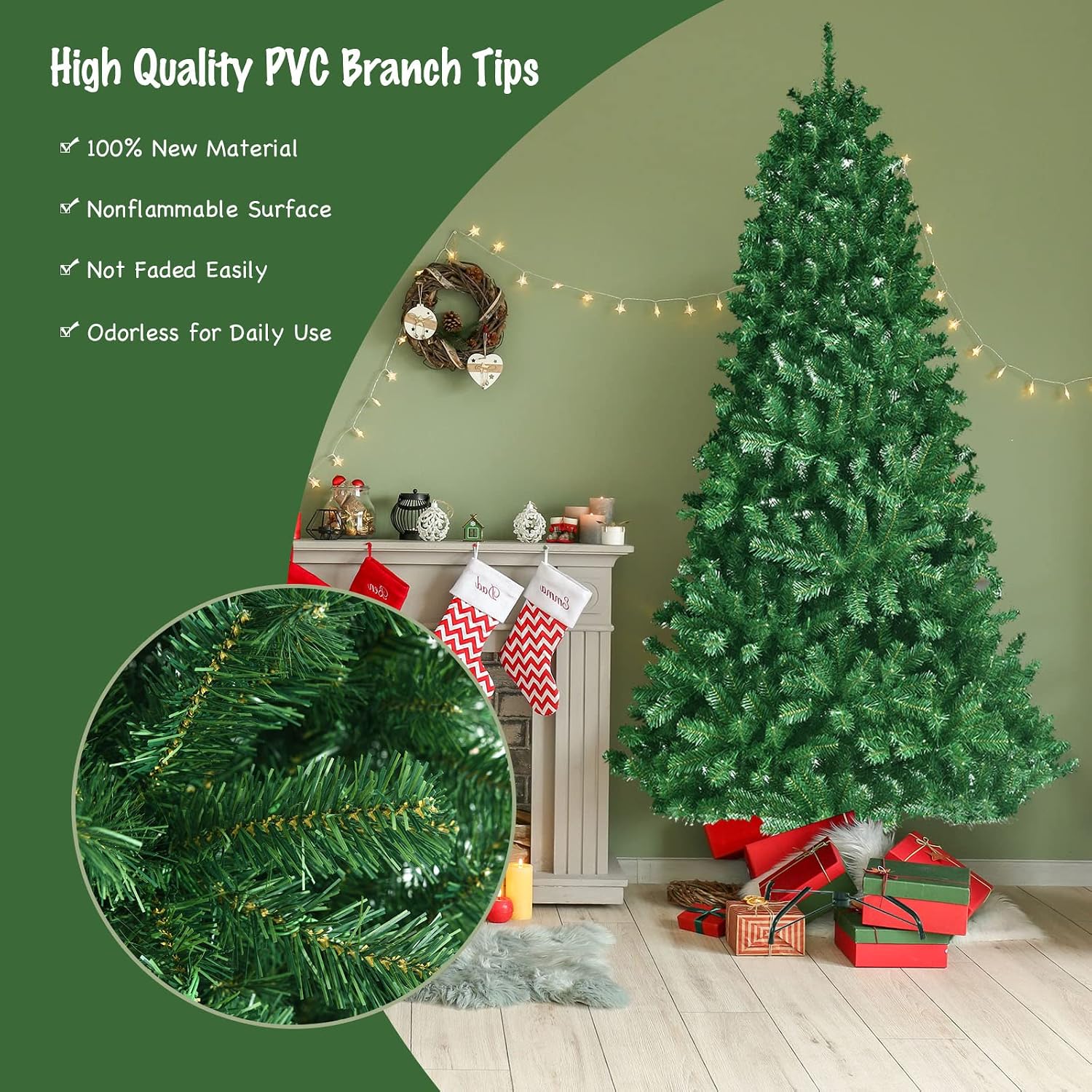 DORTALA Pre-lit Christmas Tree, 8 FT Artificial Xmas Tree with Remote Control, 600 Color-Changing LED Lights, 1605 Branch Tips, 9 Lighting Modes, Folding Metal Stand, Green