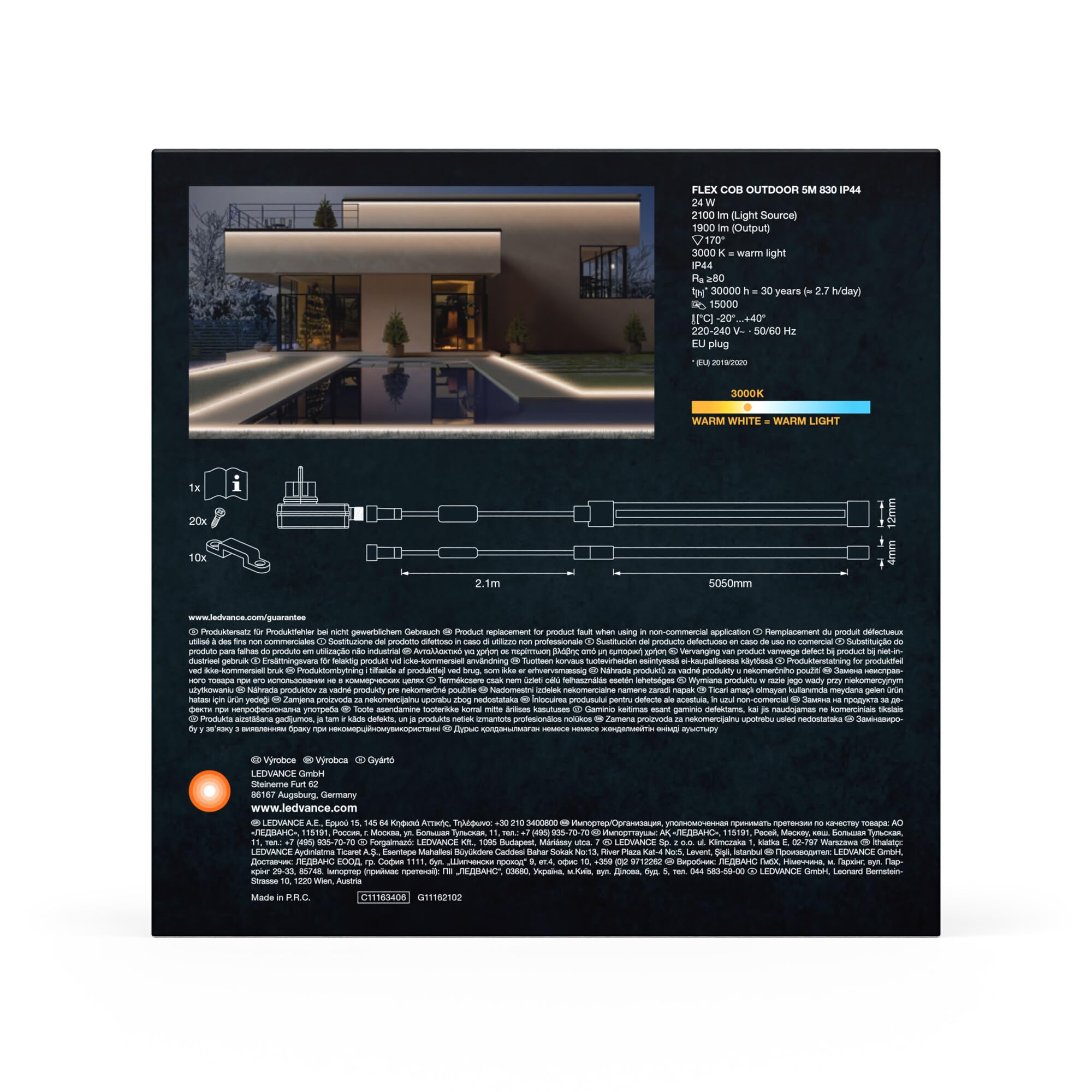 LEDVANCE CoB Flex CoB Outdoor 3M Strip a LED, bianco, 13W, 1900lm, luce bianca calda, tecnologia pannocchie, luce omogenea, lunga durata, montaggio semplice, protezione Kieasse IP44, 3000K