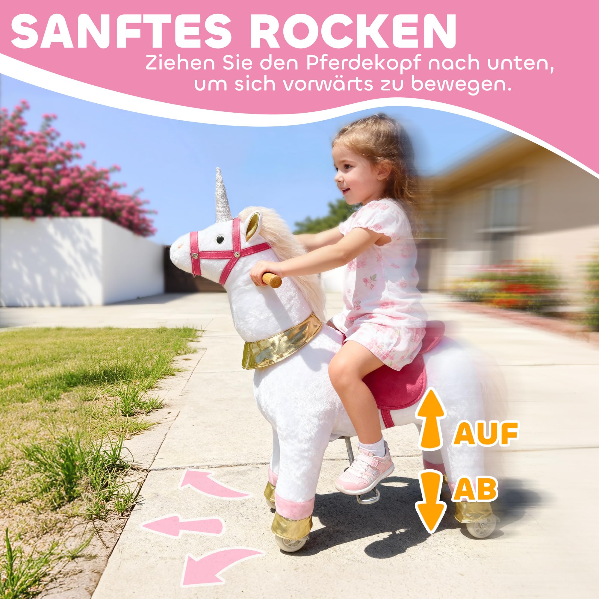 AIYAPLAY Reitpferd auf Rollen Spielpferd zum Reiten Stehpferd mit Einhorn-Design, Plüschpferd für 4-7 Kinder Weiß