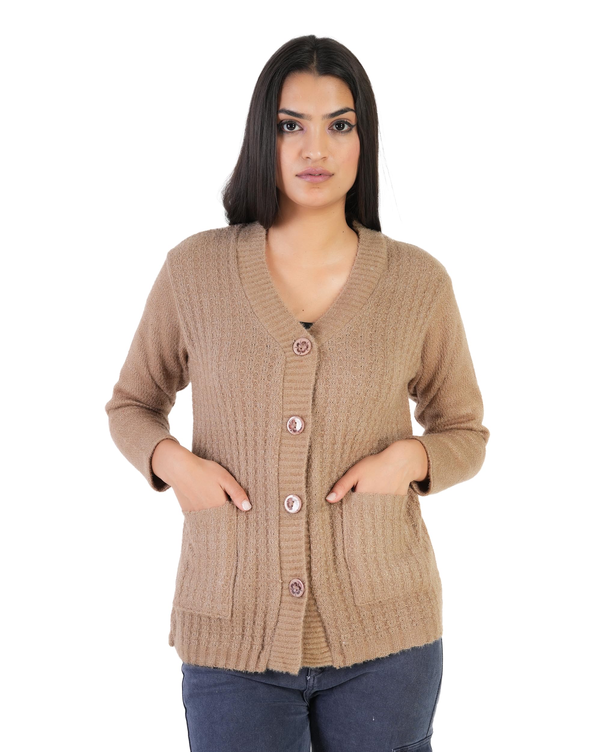 Women's Woolen V-Neck Buttoned Full Sleeve Cardigan Self Design Soft Wool Fabric Winter Wear Pure Wool Sweater Fully Warm with Front Pockets Stylish Cardigan