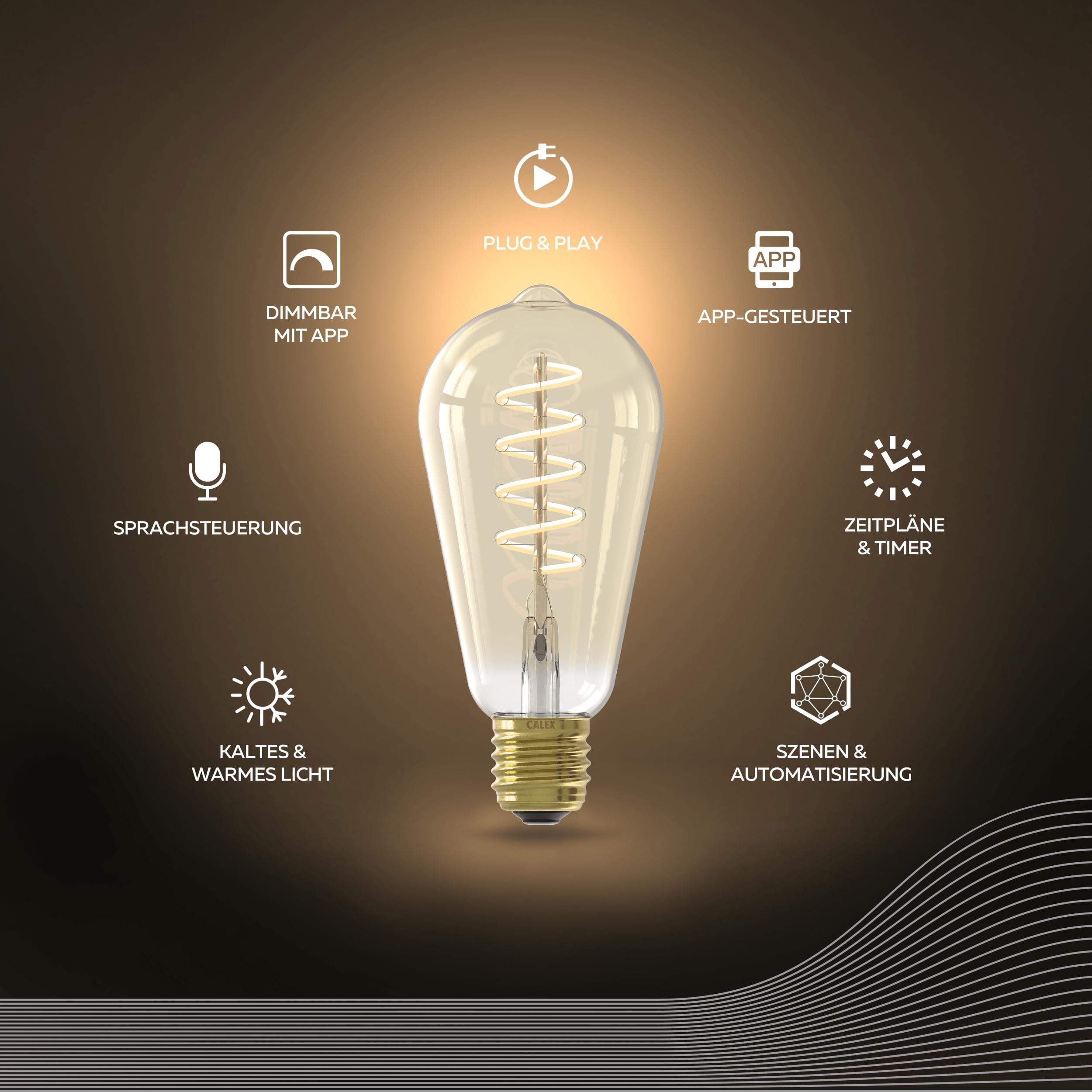CALEX Lampadina LED Smart, E27, ST64, Filamento Oro, luce calda, Dimmerabile, controllo app Wi-Fi & vocale, Confezione da 3