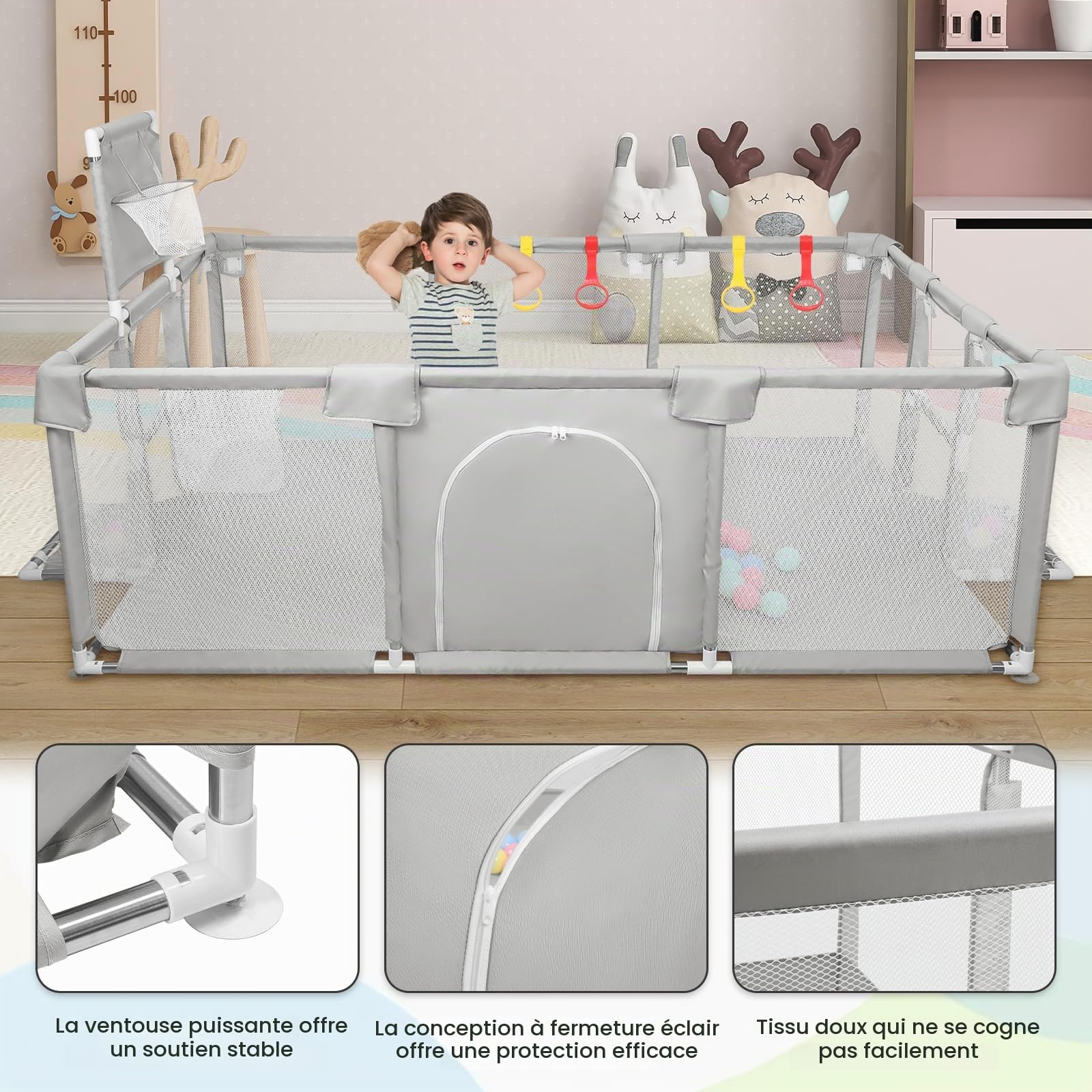 OHMG Parc Bébé,180x120cm,d'Activité pour Enfants avec Base,Modulable,Pliable,Grand parc pour enfant en bas âge Avec Porte Zippée,50 Balles,Basketball Rack,4 Ventouses (180 * 120 * 66cm-Gris clair)