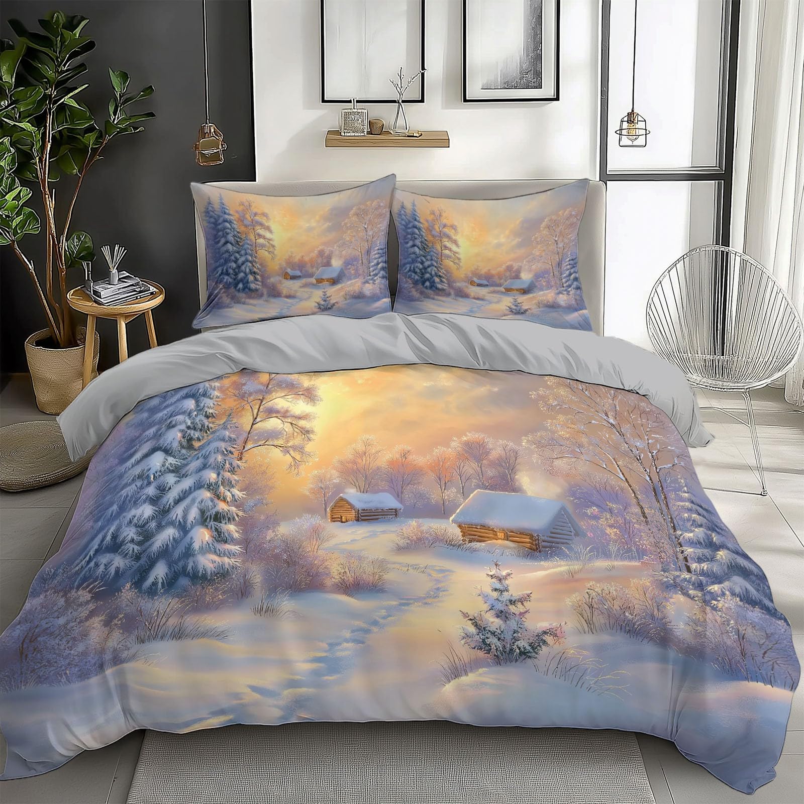 Drzewo krajobrazowe, motyw chaty śnieżnej, poszewka na kołdrę 155 x 200 cm, miękka mikrofibra, malarstwo, zestaw pościeli dziewczęcej, pościel dziecięca i poszewka na poduszkę z zamkiem błyskawicznym
