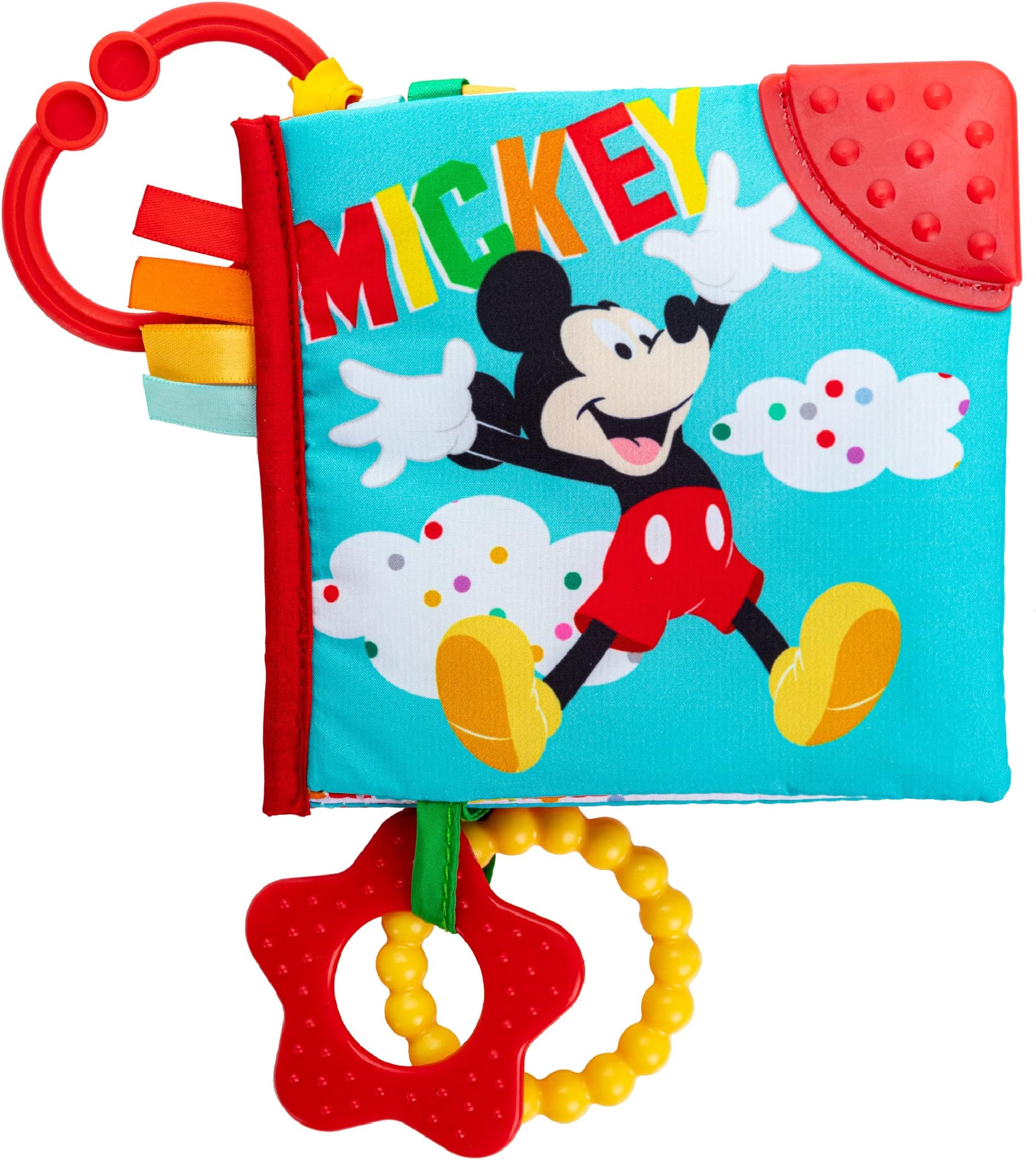 Kids Preferred Disney Baby Mickey Mouse Colorful Crinkle Soft Book with Teething Corner and On-The-Go Clip for Babies