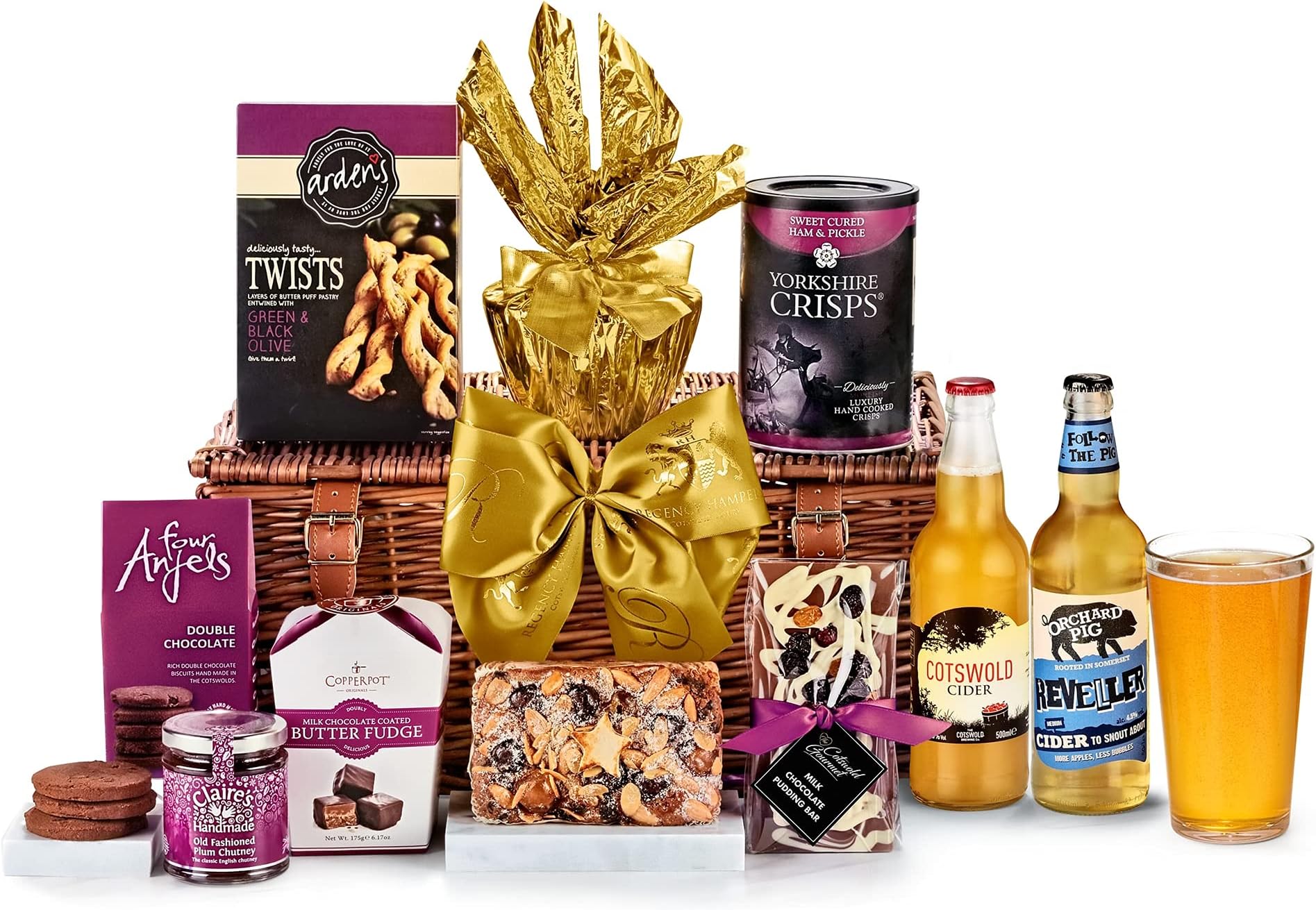 Premium Cider Gift Set - Chalford Hamper with Somerset Cider, Plum Chutney, Chocolate Biscuits, Fruit Cake - British Food & Drink Gifts, from Regency Hampers