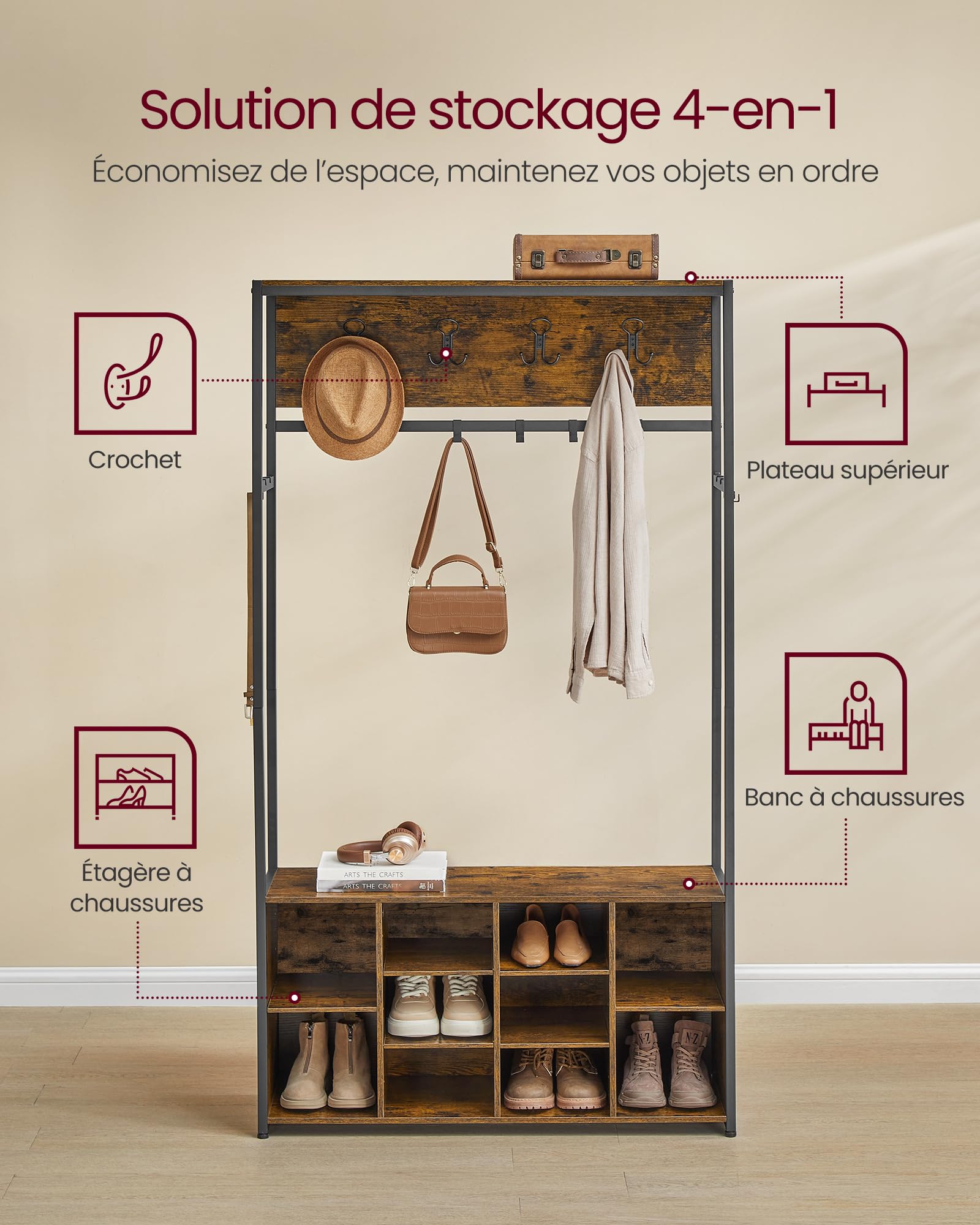 VASAGLE Porte-Manteau, Meuble d’Entrée, avec Étagères à Chaussures, Étagères Réglables, Compartiments Ouverts, Style Industriel, pour Entrée, Couloir, Marron Rustique et Noir d'Encre HSR432K01