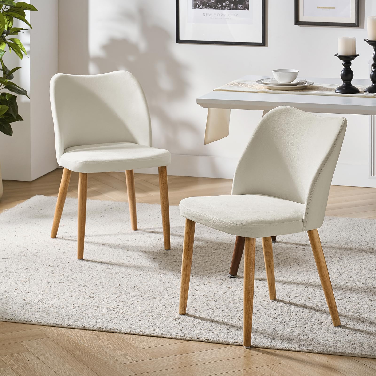 HULALA HOME 2er Set Esszimmerstühle, Schminktischstuhl, bequemer Küchenstuhl mit Holzbeinen für Wohnzimmer, Schlafzimmer und Esszimmer, Weiß