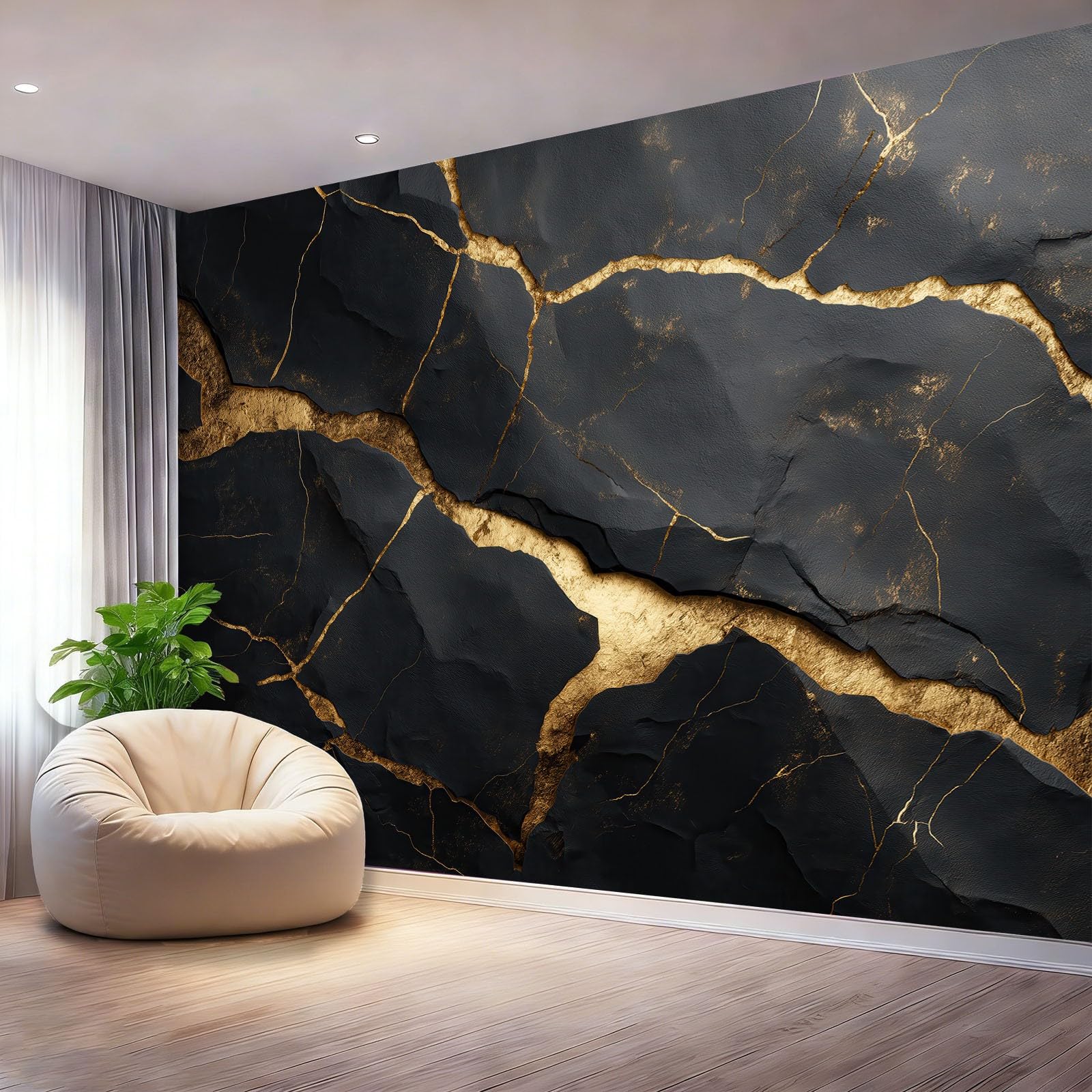 Fototapeta z włókniny 250 x 175 cm, elegancka marmur złote paski, tapeta do pokoju gościnnego i małej sypialni, czarna