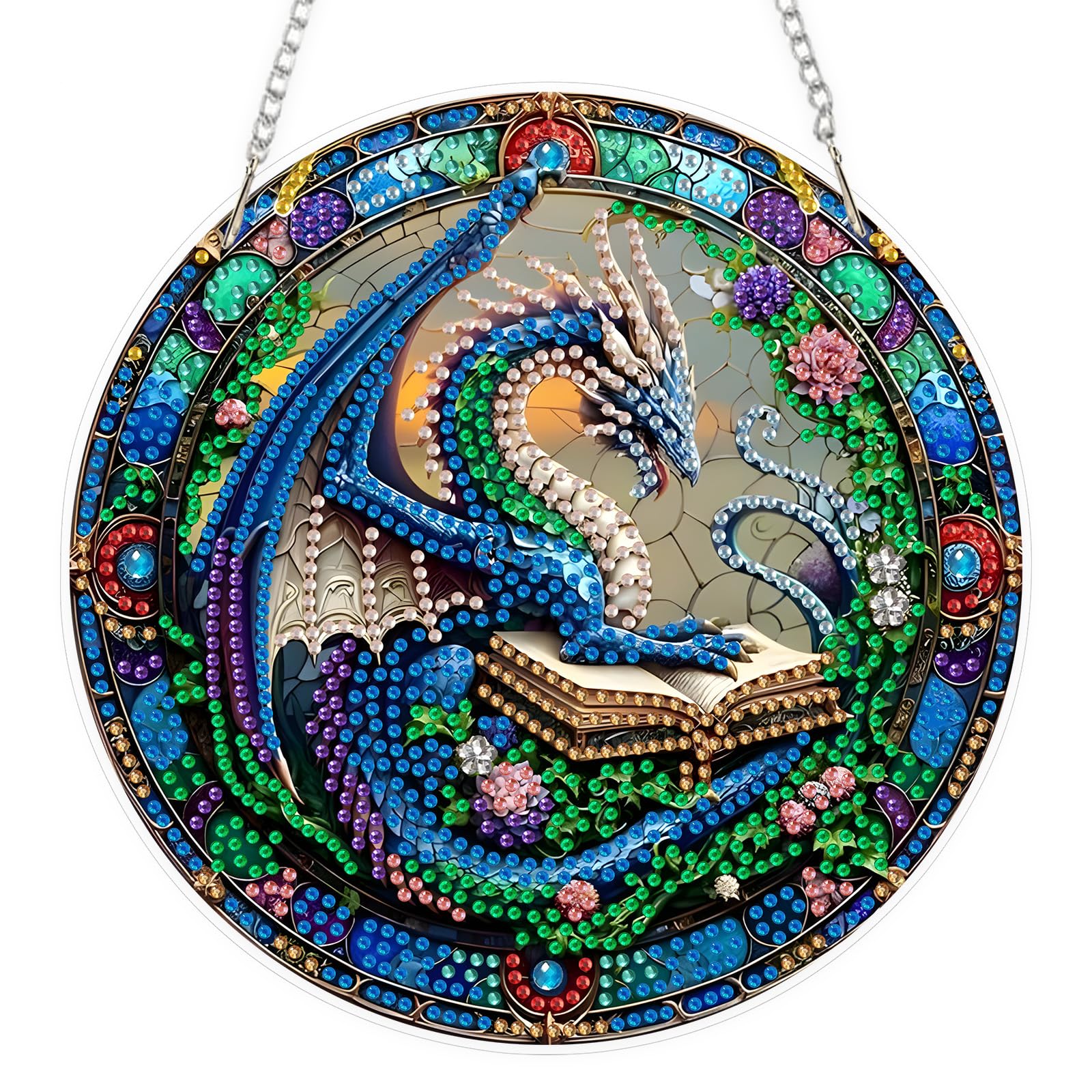 EOBROMD Dragon Reading a Book Diamond Art Hanging Ornament Kits, Acrylic Diamonds Painting Pendant Board Kit for Adults, Diamond Pendant Crystal Gem Art for Home Decor Gifts — image 1
