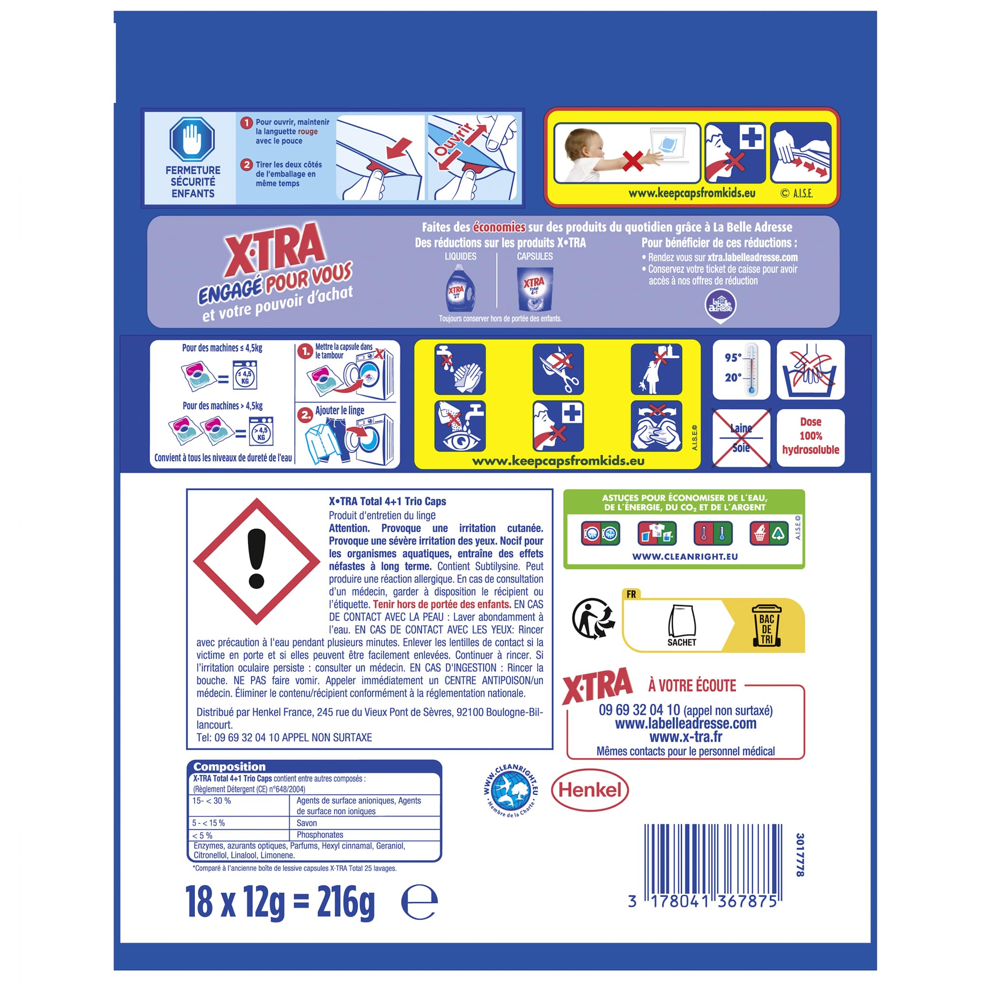 X-Tra Total, Lessive capsule, Trio-Caps, Total 4+1, Proprete, Eclat, Fraicheur, Engagé pour vous, Economique, Efficace des 20°C, 100% hydrosoluble, 108 lavages