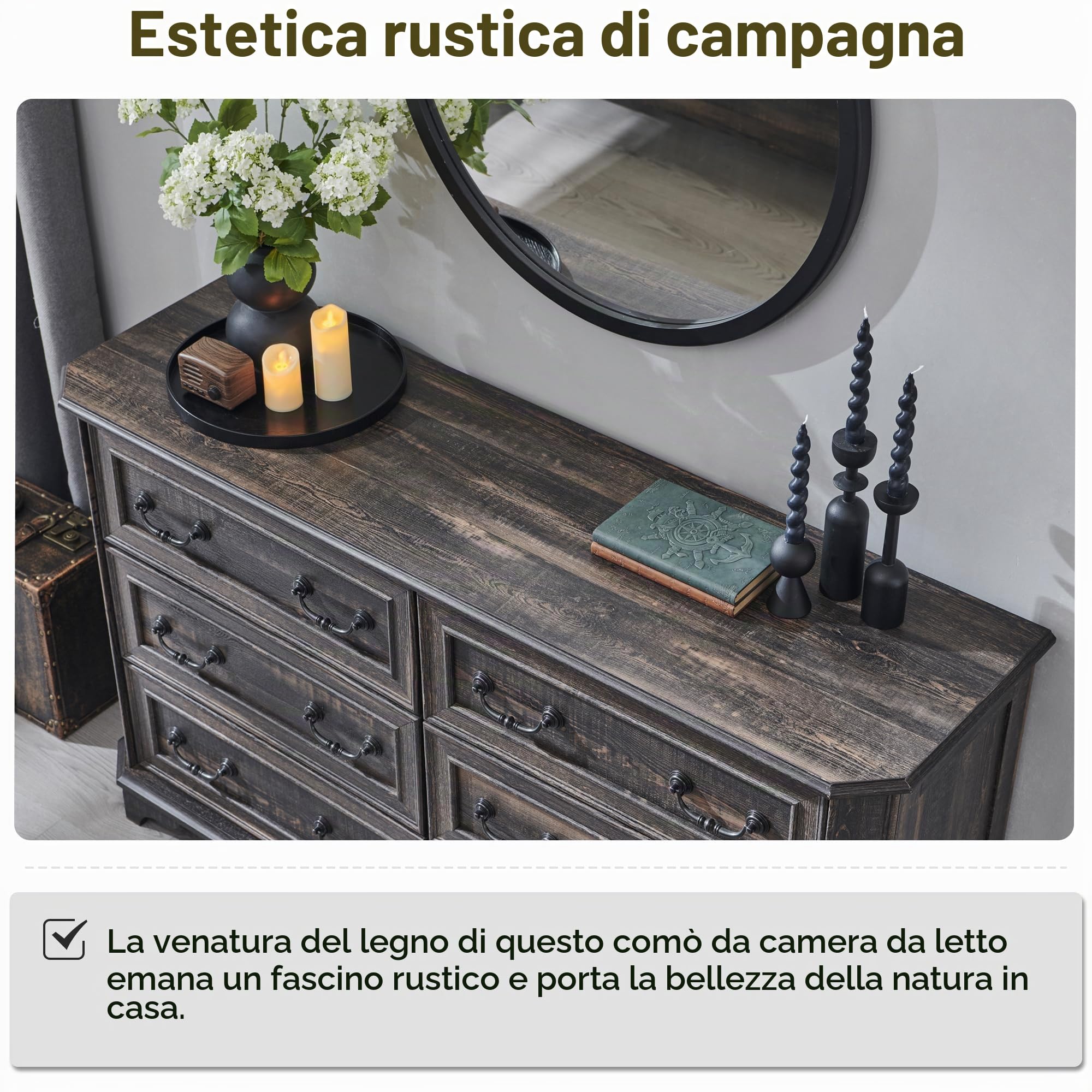 Cassettiera con 6 cassetti, 137 cm di larghezza, design vintage, per camera da letto e soggiorno, rovere rustico scuro