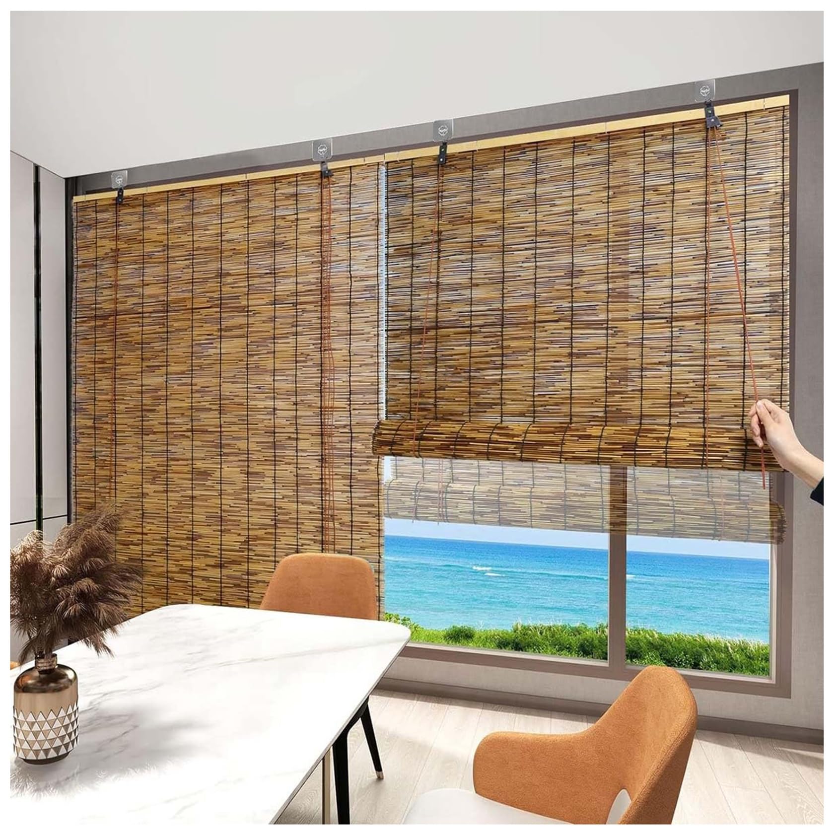 CMJYMX Roll Up Blinds For Outdoor Porch Patio Privacy Curtain, Blackout 70% Reed Shades Breathable Roman Blackout Blinds With Lift, Bamboo Curtains For Patio/Porch Blackout Window Shades