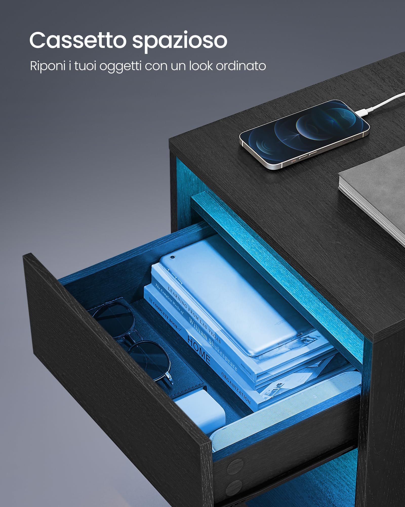 VASAGLE KAILYN Collezione - Comodino a LED con Stazione di Ricarica, Tavolino con Luci LED Regolabili, 2 Prese AC, 2 Porte USB, Moderno, per Camera da Letto Soggiorno, Nero Cenere LET618T22