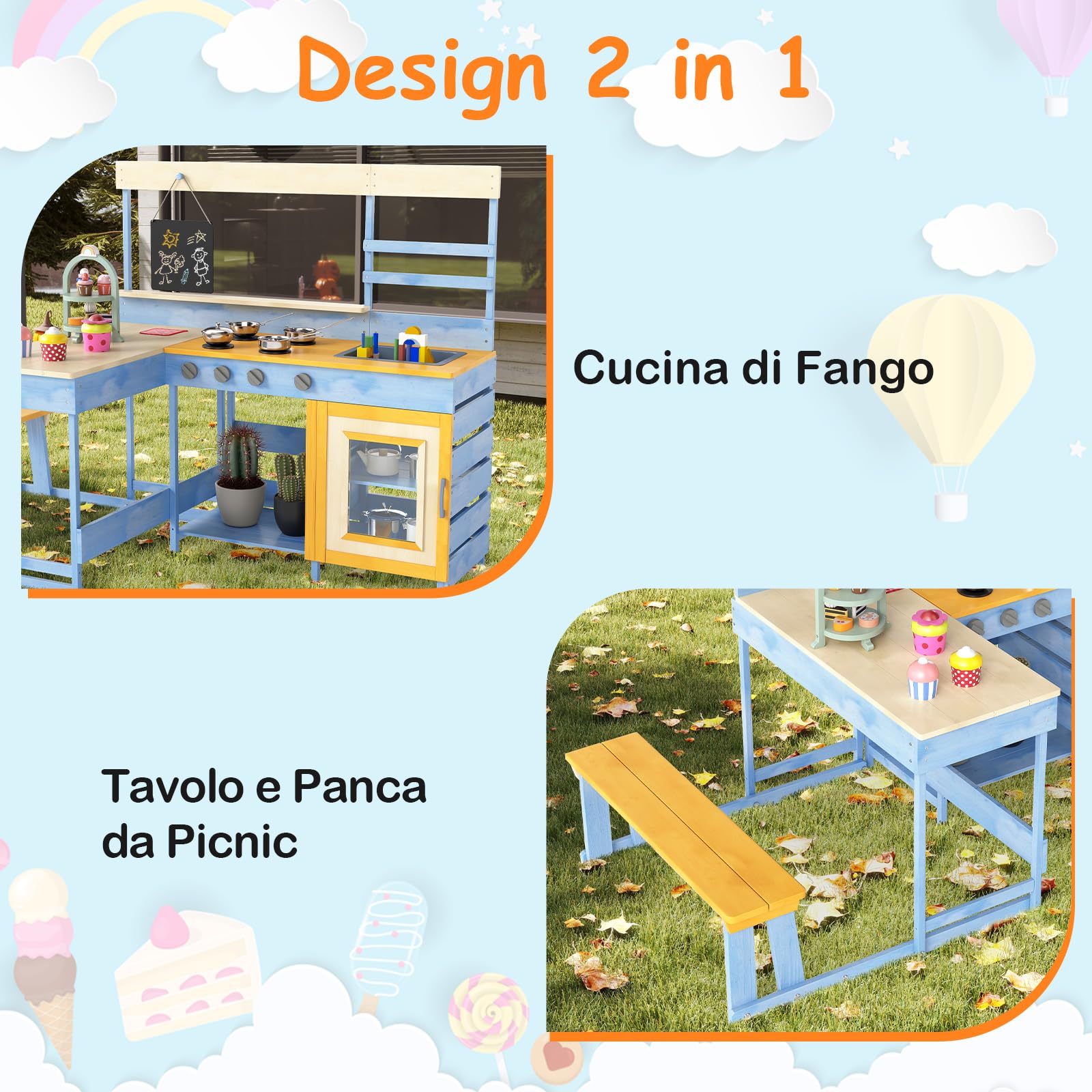 COSTWAY Cucina Giocattolo per Giardino con Tavolo e Panchina da Picnic, Cucina per Bambini in Legno di Abete con Fornelli, Lavandino, Lavagna e Forno, con 17 Accessori, 150 x 71 x 98 cm (Blu)