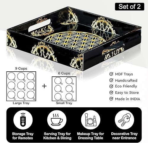 Miniatura 4 de Bandejas cuadradas de madera para servir con asas, platos de decoración de granja para mesa de café, encimera de cocina y otomana, juego de 2