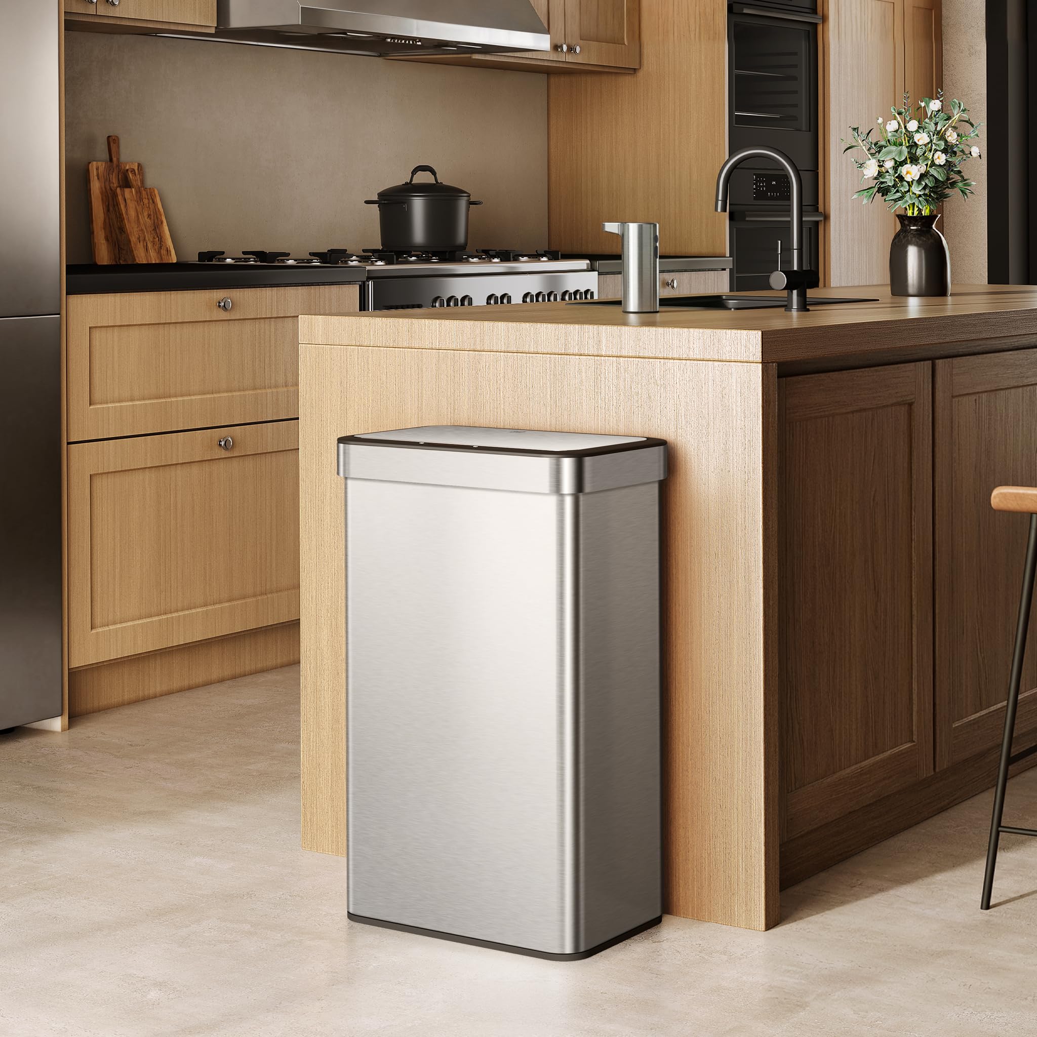 EKO Econova - Cubo de basura con sensor de movimiento doble, 30 L + 30 L, cubo de basura automático para cocina y reciclaje, tapa suave, antihuellas, cubo de basura de acero inoxidable 2