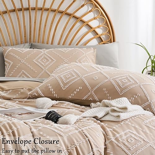 Miniatura 2 de Juego de funda de edredón copetuda, tamaño King, patrón geométrico jacquard, suave y ligero de color caqui, juego de funda de edredón para todas las