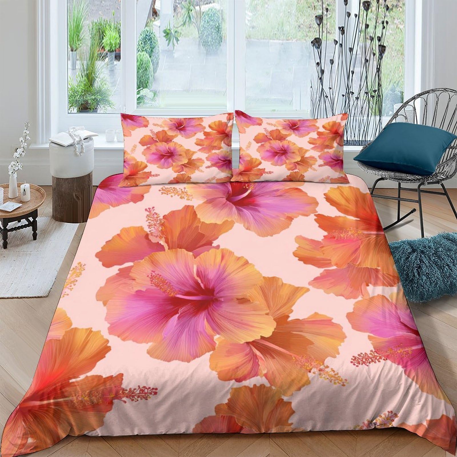 GPLZQXKJNH 3D Printed Tropical Hibiscus Floral Duvet Cover Set Microfiber Soft Breathable Orange Pink Quilt Cover with 2 Pillowcases for Bedroom Home Single（135x200cm）