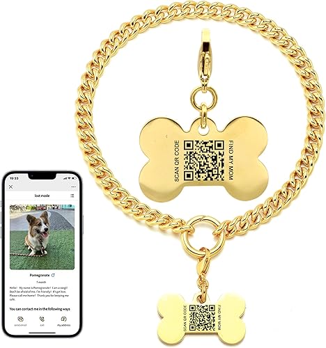 Collar de cadena para perro con etiquetas de identificación de mascotas QR personalizadas escaneables para ubicación con perfil en línea, collar de