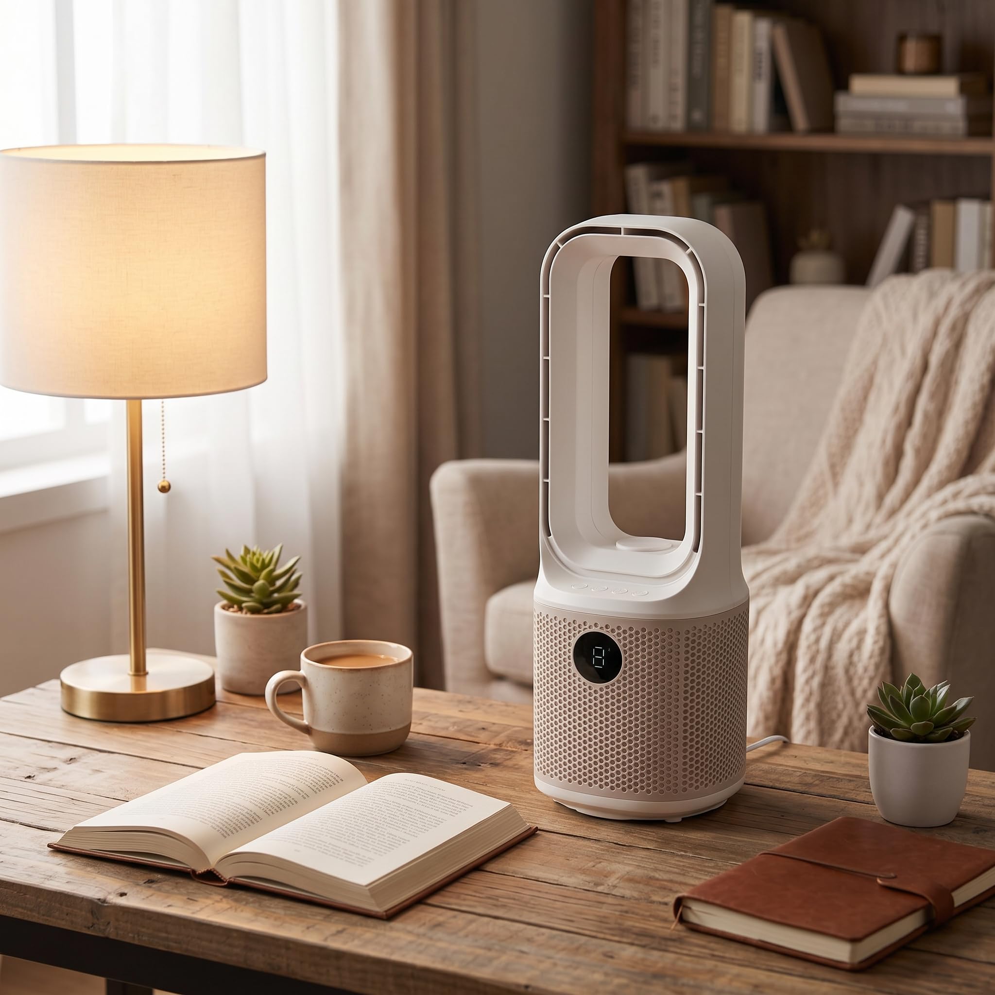Pissente Rotorloser Ventilator mit Luftreiniger, Turbinentechnologie, 9 Geschwindigkeiten und 60-Grad-Oszillation, Leiser Tragbarer Ventilator für Zuhause und Büro